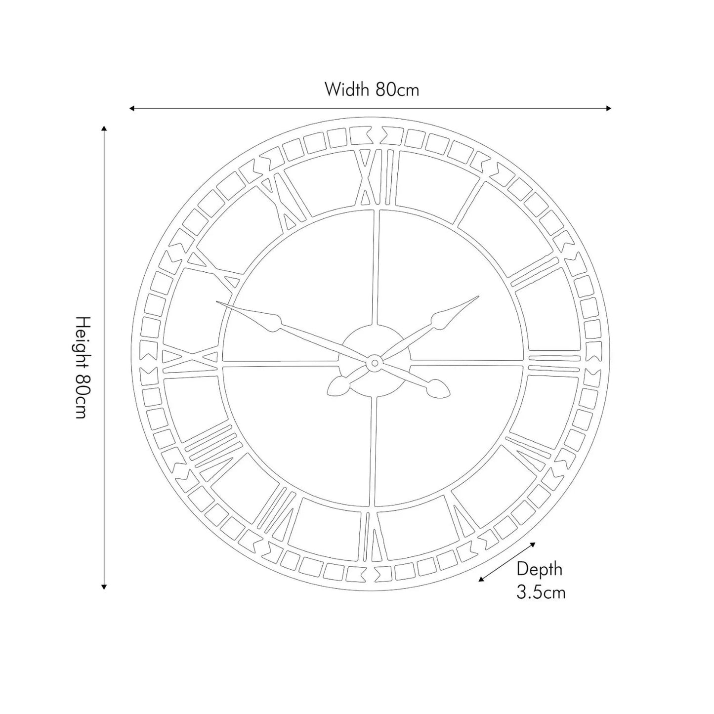 Matt Black Metal Skeleton Wall Clock with Roman Numerals & Open Frame Design 80x80cm Dimensions - Click Style