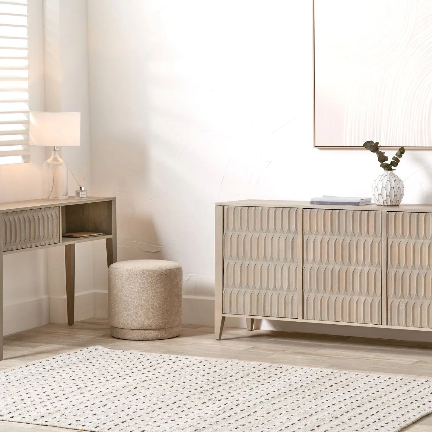 Modern Scandi Light Grey Wash Mango Wood Sideboard – Handleless 3 Door Carved Textured Door Storage Cabinet with Internal Shelves 80x160x45cm