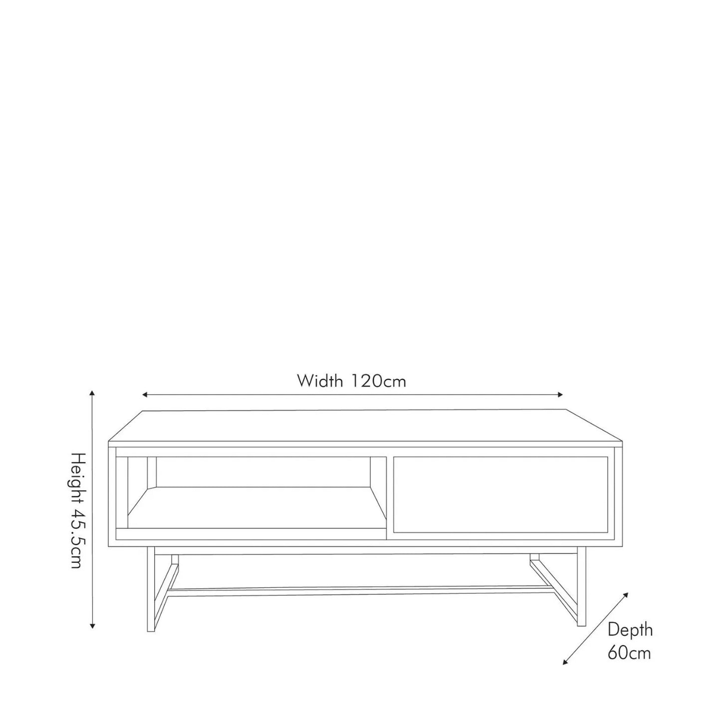 Modern Scandi Sand-Wash Acacia Wood Coffee Table with Black Metal Legs – Textured Wooden Storage Coffee Table with Drawer & Shelf Dimensions 45.5x120x60cm | Click Style