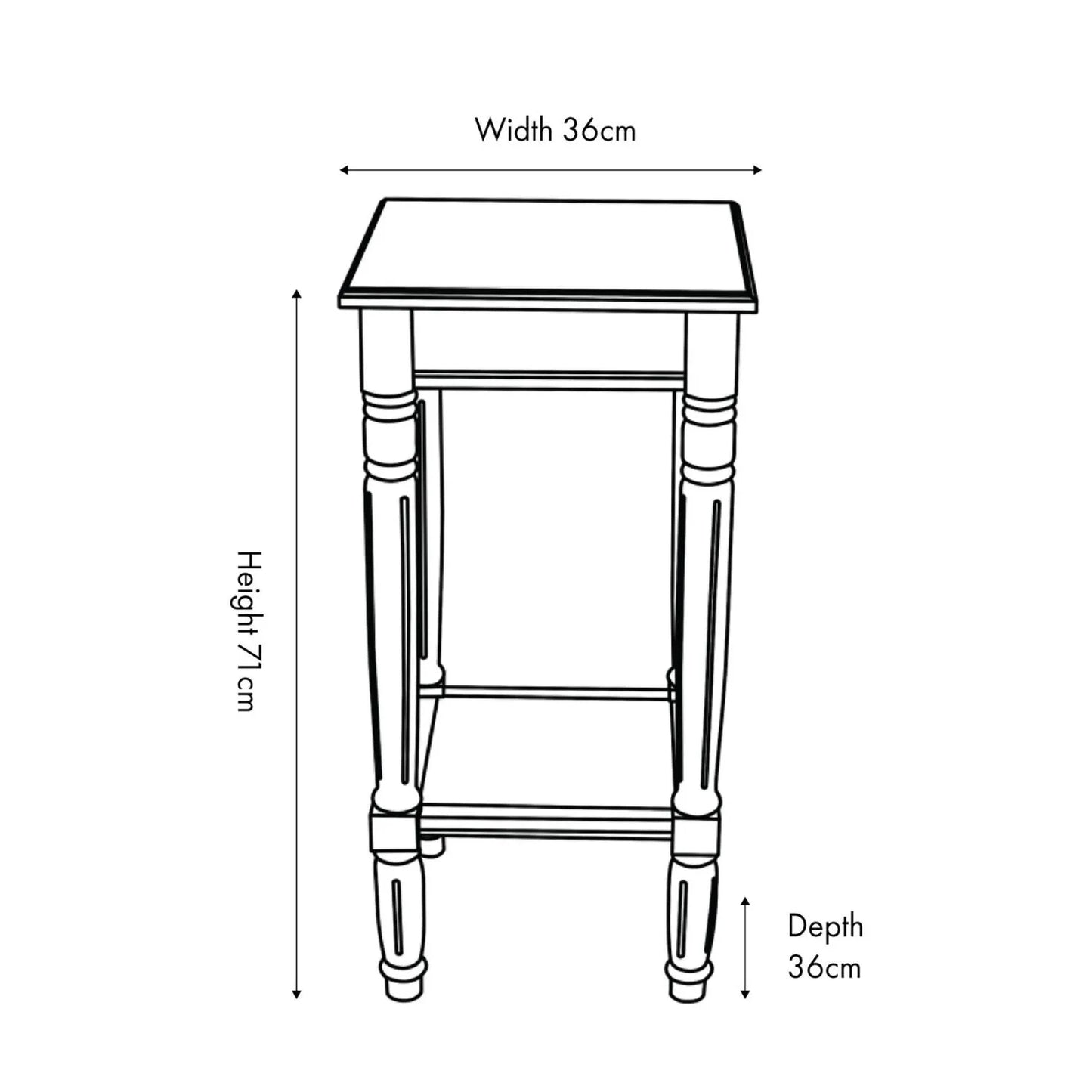 Narrow white wooden side table with shelf – slim pine bedside or accent table with turned legs and lower storage dimensions 72x36x36cm | Click Style