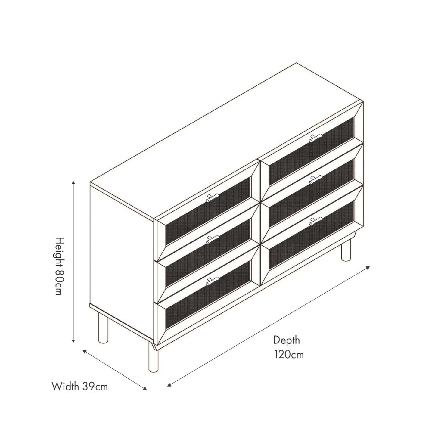 Natural Rattan 6 Drawer Wooden Chest of Drawers with Wood Veneer – Storage Unit with Raised Legs Dimensions 80x120x39cm – Natural Oak Finish, Brass Handles, Cane Rattan Drawer Fronts, Bedroom Living Room Storage | Click Style