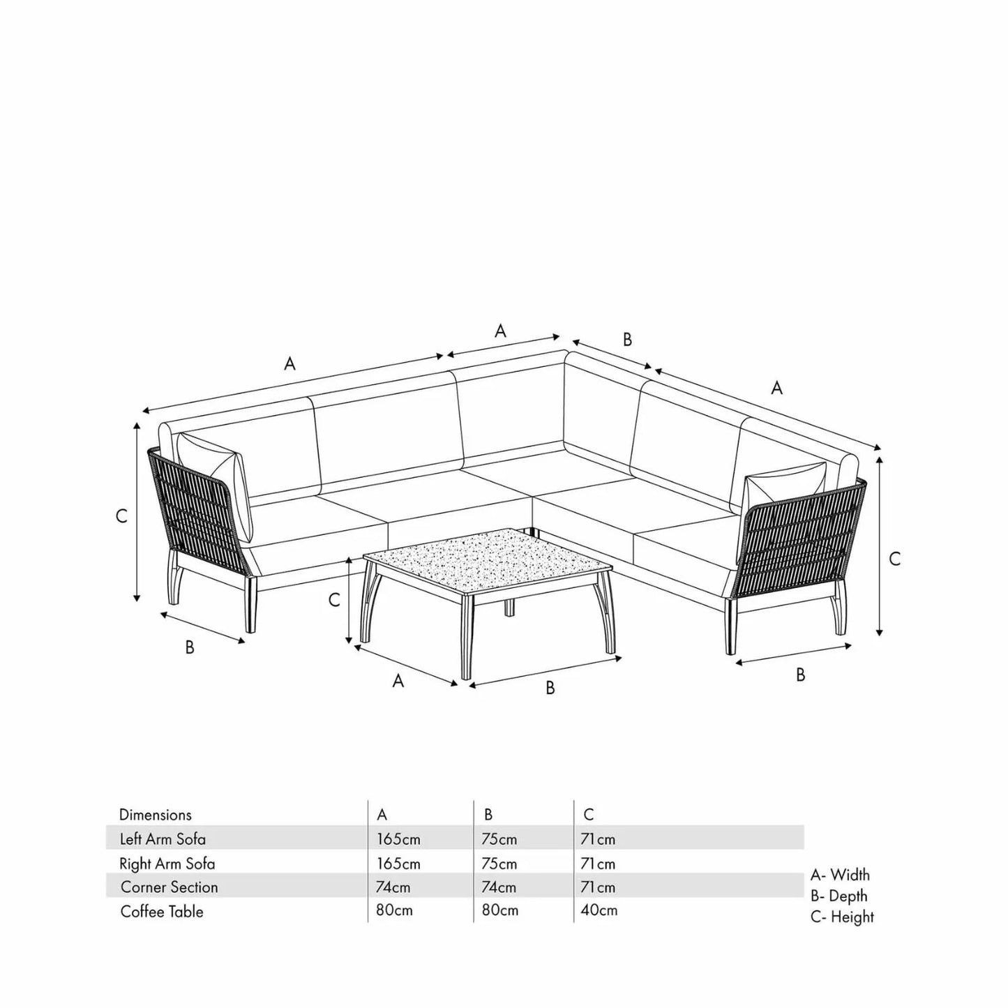 Neutral Beige 4-Seater Outdoor Rope Garden Corner Seating Set with Cushions – Acacia Wood & Polyrope Lounge Set with Polystone Coffee Table Dimensions 100x60x40cm - Click Style