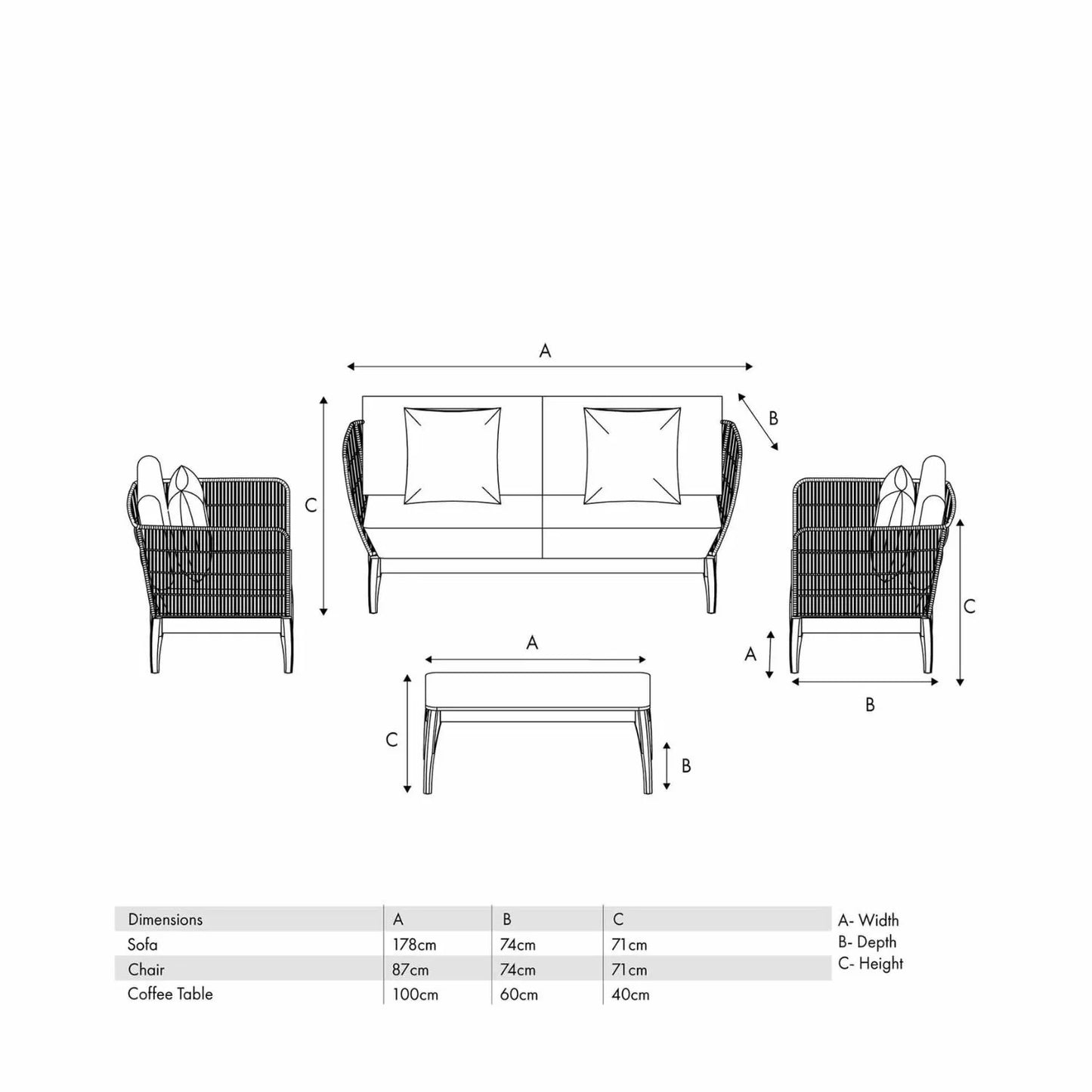 Neutral Beige 4-Seater Outdoor Rope Garden Sofa Set with Cushions – Acacia Wood & Polyrope Coffee Table & Armchairs Dimensions 40x100x60cm - Click Style