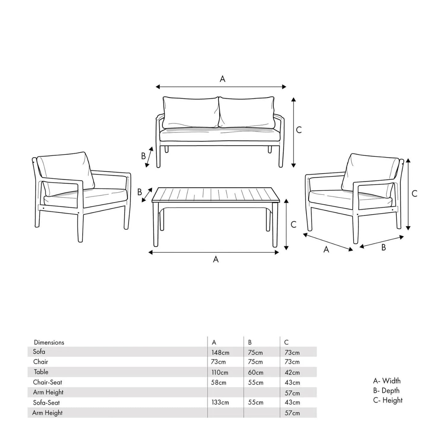 Neutral Beige Taupe Outdoor Garden Sofa Set with Cushions, 2 Armchairs & Rectangular Coffee Table – Light Teak Effect Acacia Wood 4-Seater Patio Lounge Set with Deep Seat & Back Cushions for Garden, Terrace, Conservatory, Decking & Outdoor Living Space Dimensions | Click Style