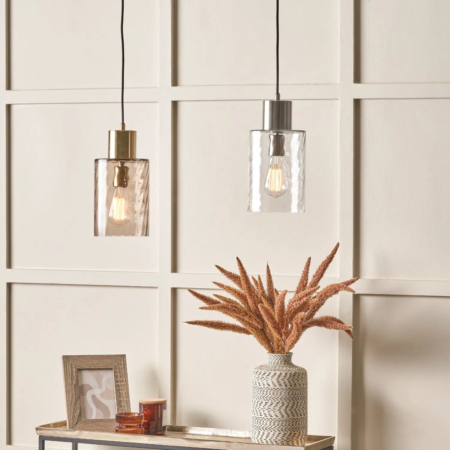 Ripple Optic Brown Glass Adjustable Pendant Ceiling Light with Antique Brass Fittings – Wavy Textured Glass Lighting 186x15x15cm