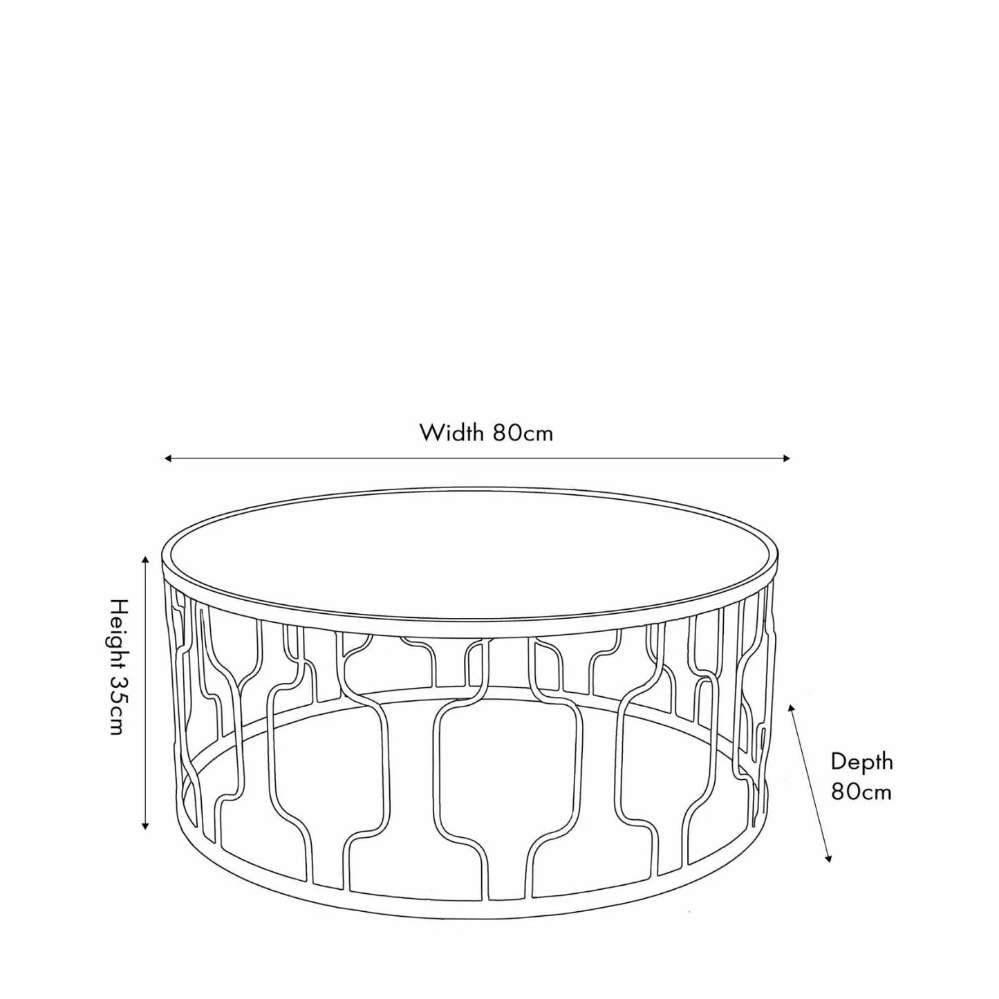 Round Black Graphite Metal Coffee Table with Mirrored Glass Top – Art Deco-Style Living Room Table Dimensions H35xW80xD80cm - Click Style