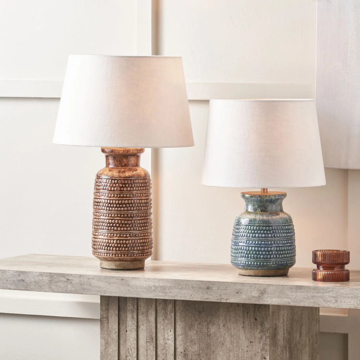 Rustic Blue & Green Glazed Artisan Ceramic Table Lamp with 30cm Natural Linen Drum Shade – Handmade Stoneware Dot Design Vase-Shaped Light 44x30x30cm | Click Style