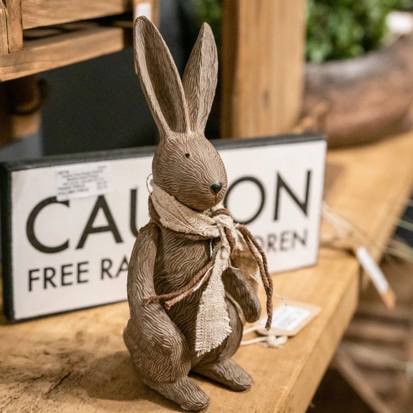 Rustic Brown Rabbit Ornament with Fabric Scarf – Decorative Bunny Statue for Home Decor 21x9cm - Click Style