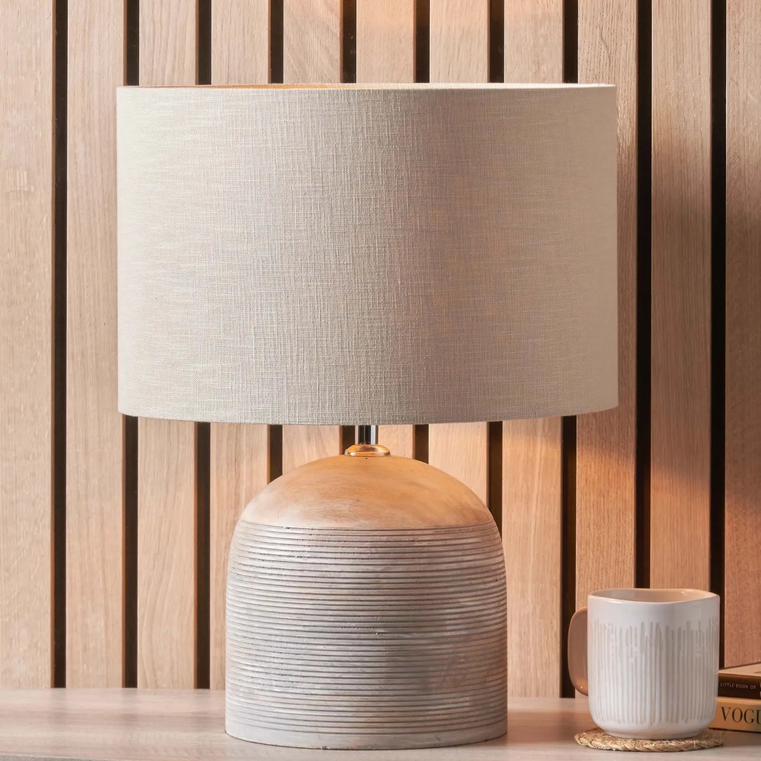 Rustic Grey-Washed Mango Wood Table Lamp with Grey Linen Drum