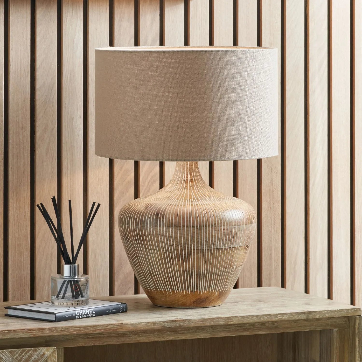 Rustic Whitewashed Mango Wood Table Lamp with Hand-Carved Vertical