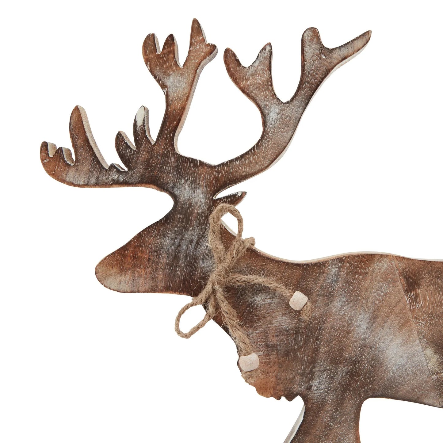 Rustic Wooden Standing Stag Ornament 35x32cm - Decorative Festive Reindeer with Rope Detail - Click Style