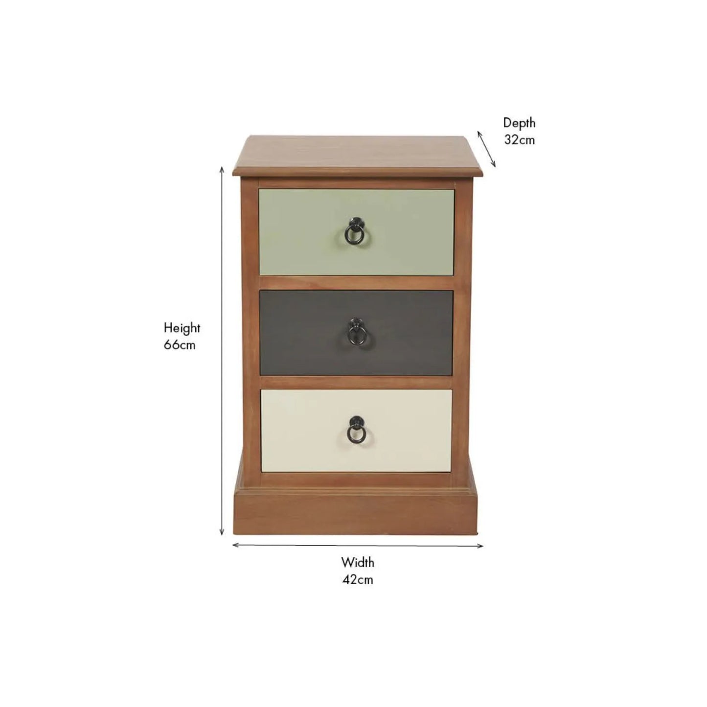 Sage green and neutral pine wood 3 drawer side table and bedside table front view showing dimensions 66x42x32cm | Click Style