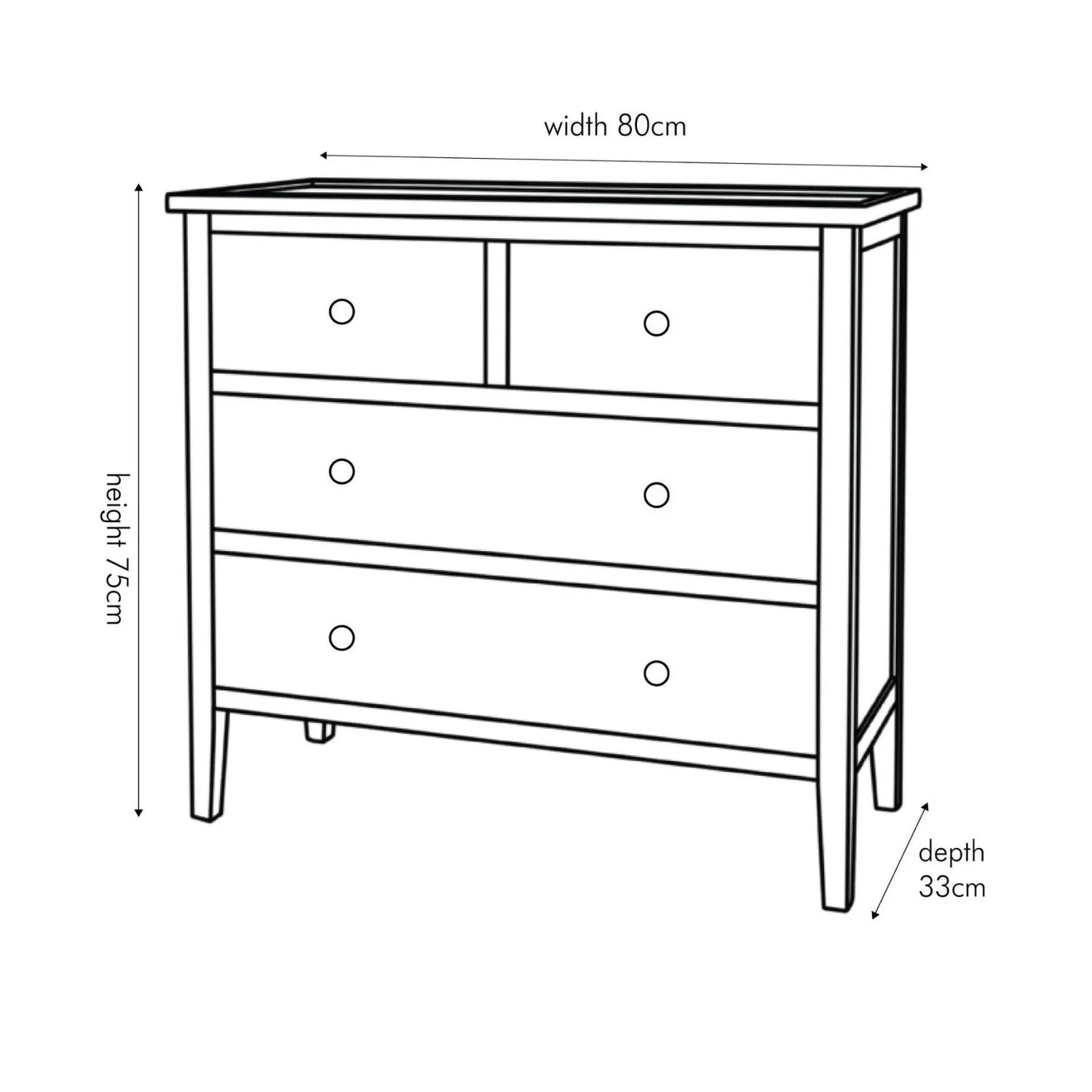 Satin Black Pine Wood 4 Drawer Chest of Drawers with Gold Knob Handles – Scandinavian Style Black Wooden Storage Cabinet with Raised Lipped Tabletop and Tapered Legs Dimensions 75x80x33cm | Click Style