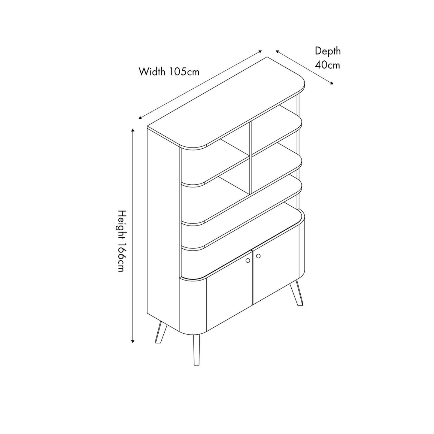 Scandinavian 2 Door Shelving & Storage Unit with Retro Curved Design in Dark Ash Wood & Veneer, Gold Handles and Open Niche Display Cabinet Dimensions 166x105x40cm | Click Style