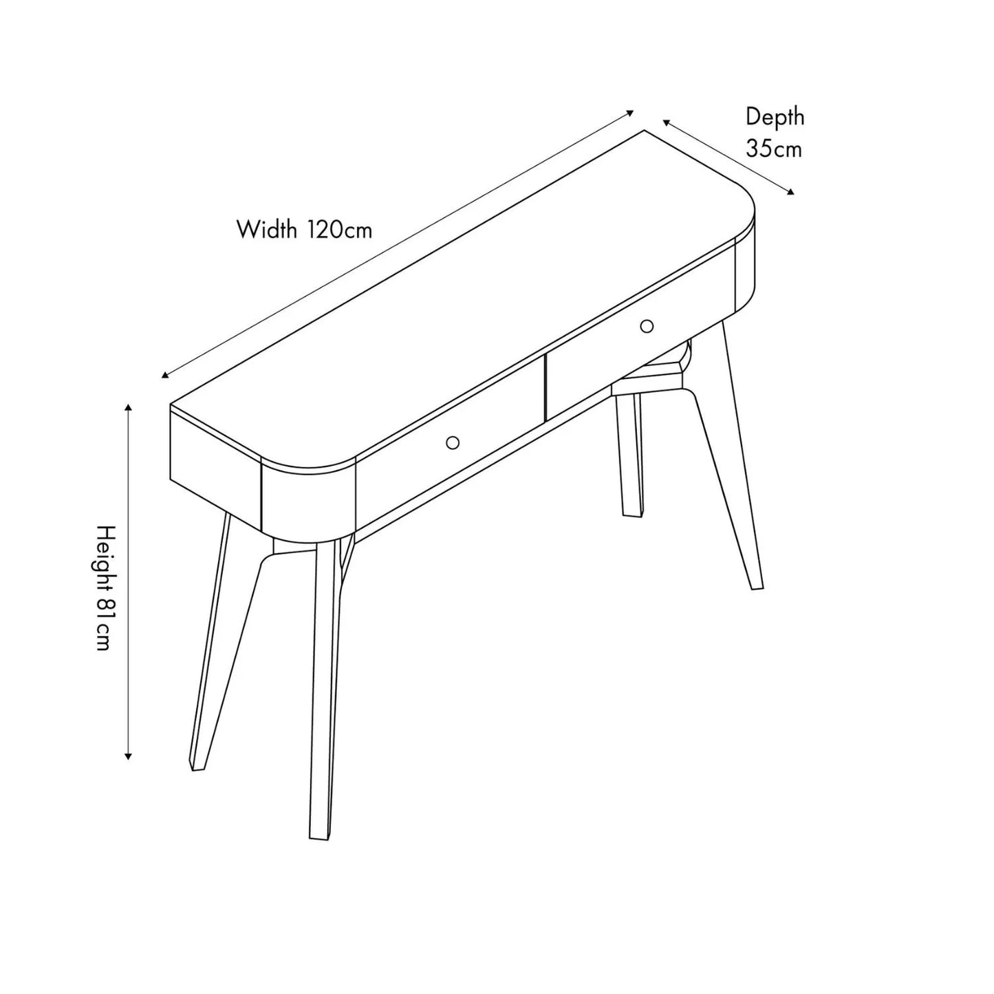 Scandinavian 2 Drawer Console Table in Dark Ash Wood with Curved Retro Design & Gold Handles Dimensions 81x120x35cm | Click Style