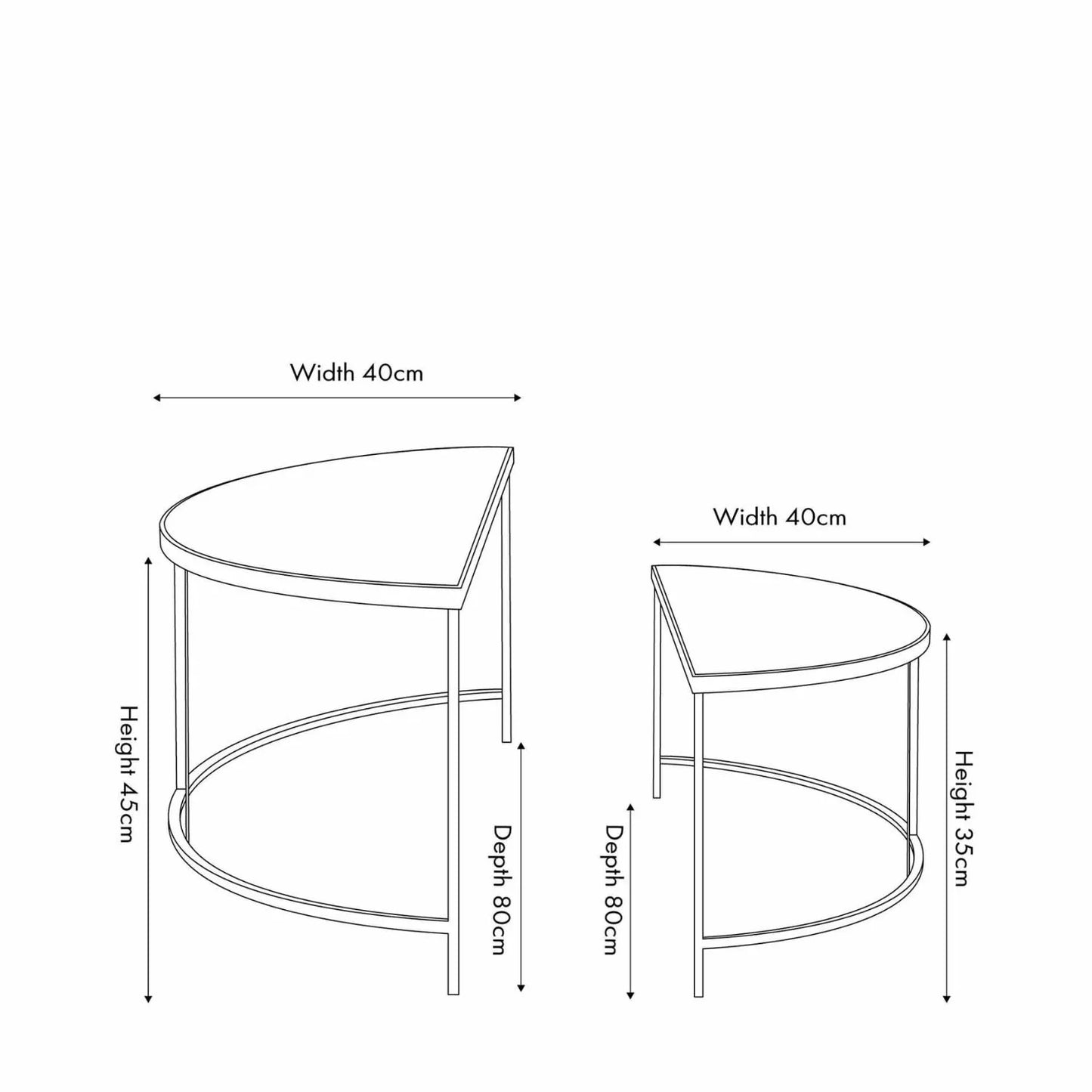 Set Of 2 Black Half Moon Glass Coffee Tables With Bevelled Glass Tops & Black Metal Frame Dimensions | Click Style