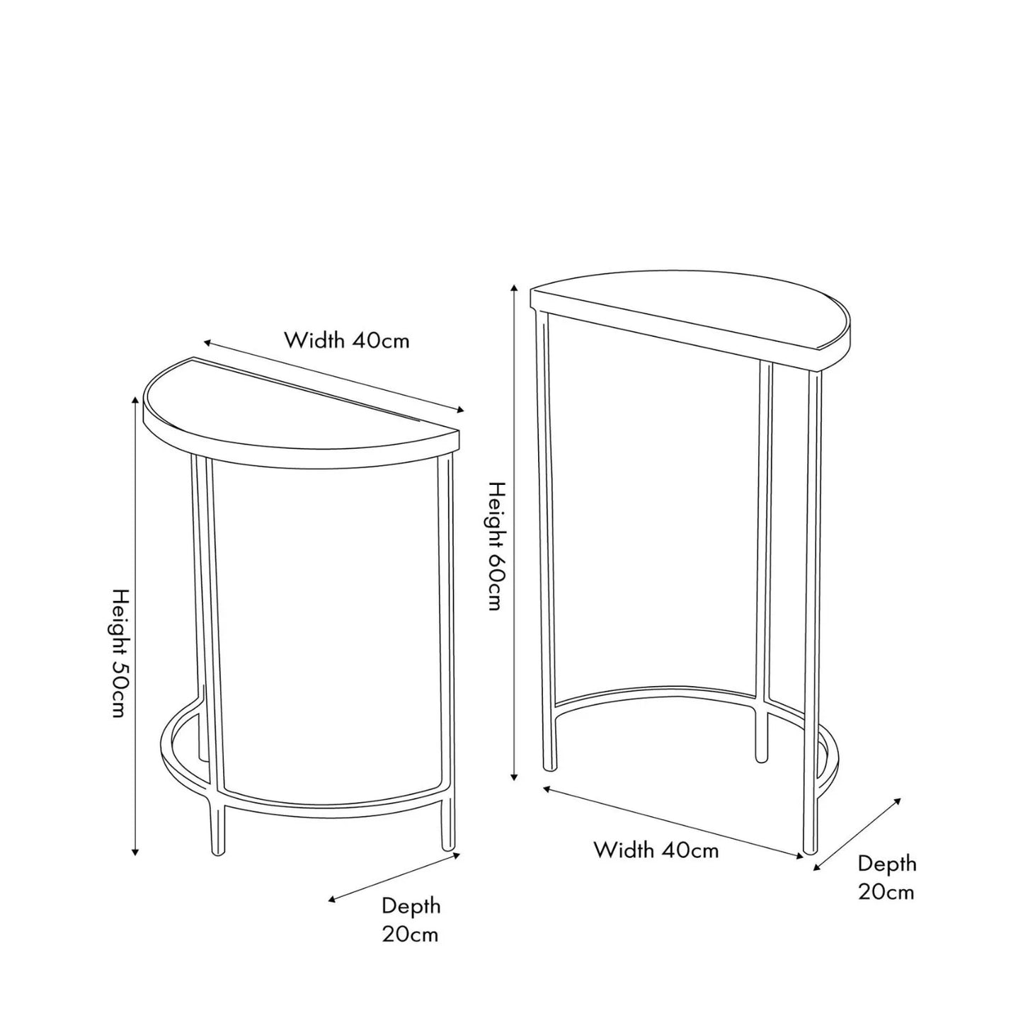 Set of 2 Black Half Moon Glass Side Tables with Bevelled Glass Tops & Black Metal Frame – Modern Nesting Occasional Tables Dimensions 60x40x20cm | Click Style