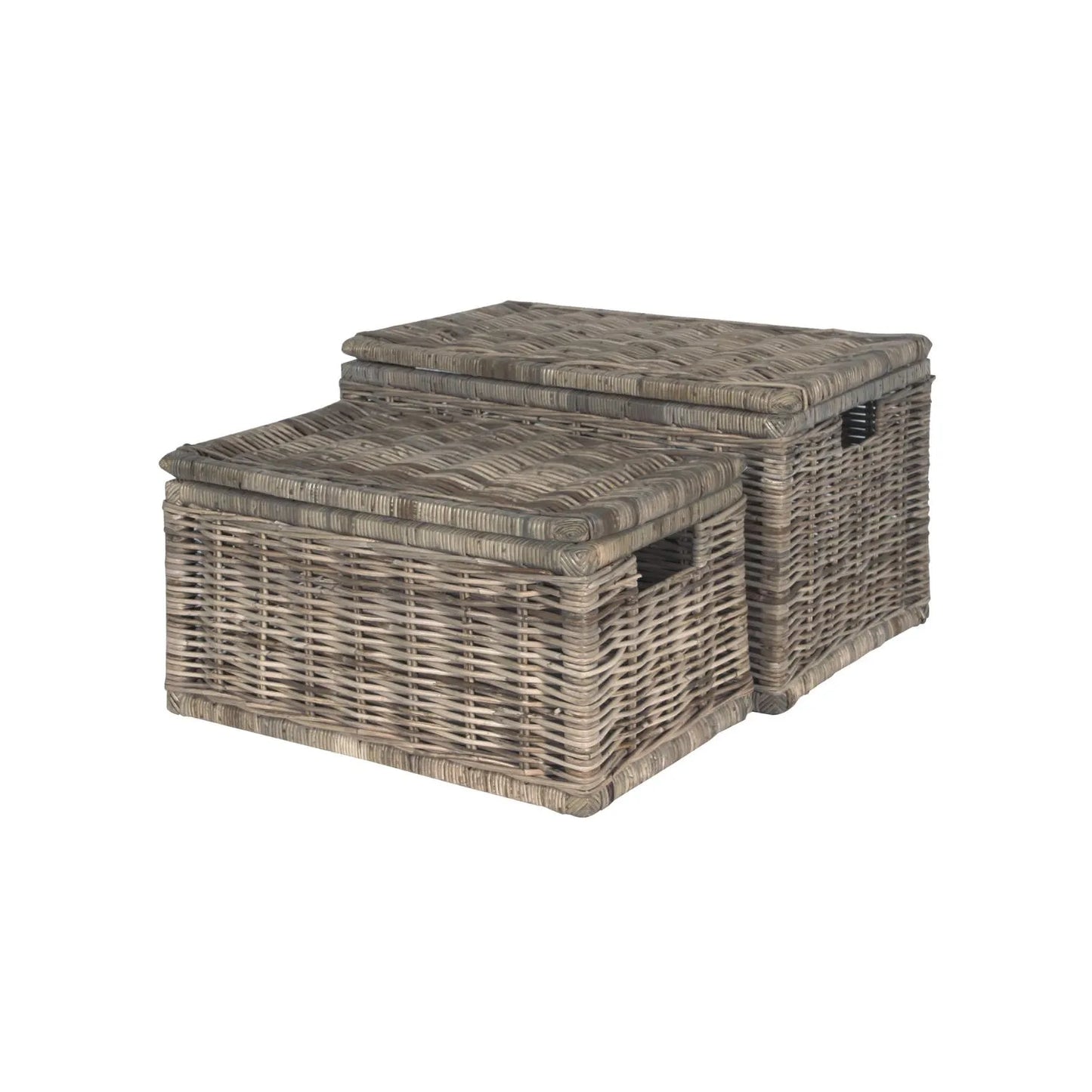 Set of 2 Grey Rattan Kubu Storage Chests with Lids & Handles – Decorative Storage for Home Organisation - Click Style