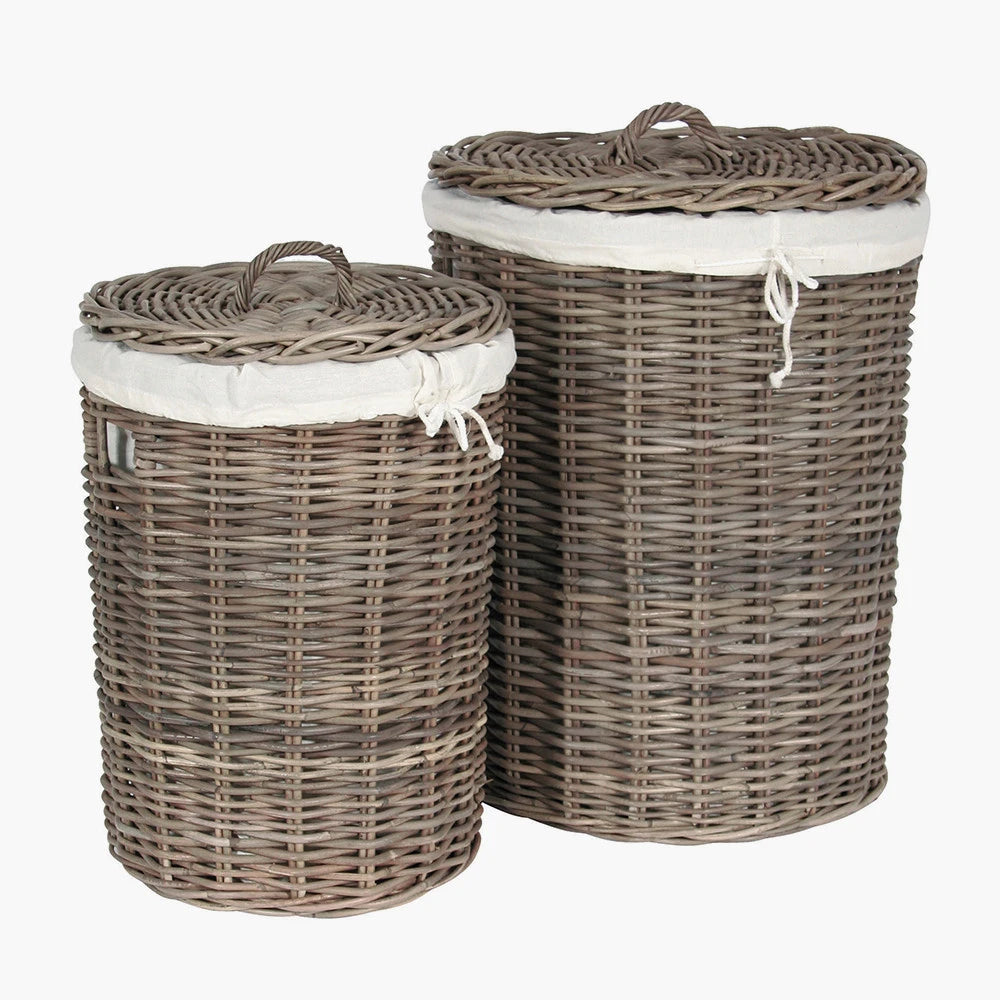 Set of 2 Grey Rattan Kubu Round Laundry Baskets with Lids Handles & Linen Lining – Decorative Storage for Home - Click Style