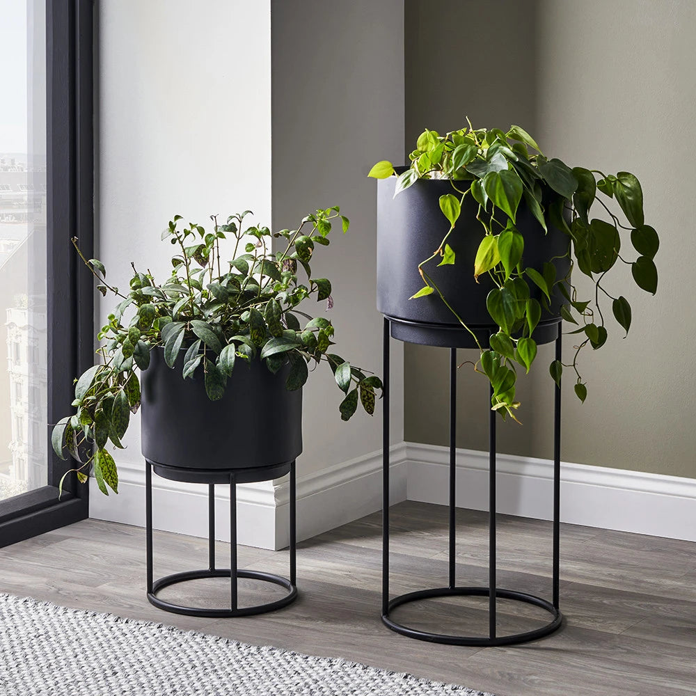 indoor plant pot stands uk Set of 2 Matt Black Metal Planters with Stands – Round Modern Decorati – Click Style