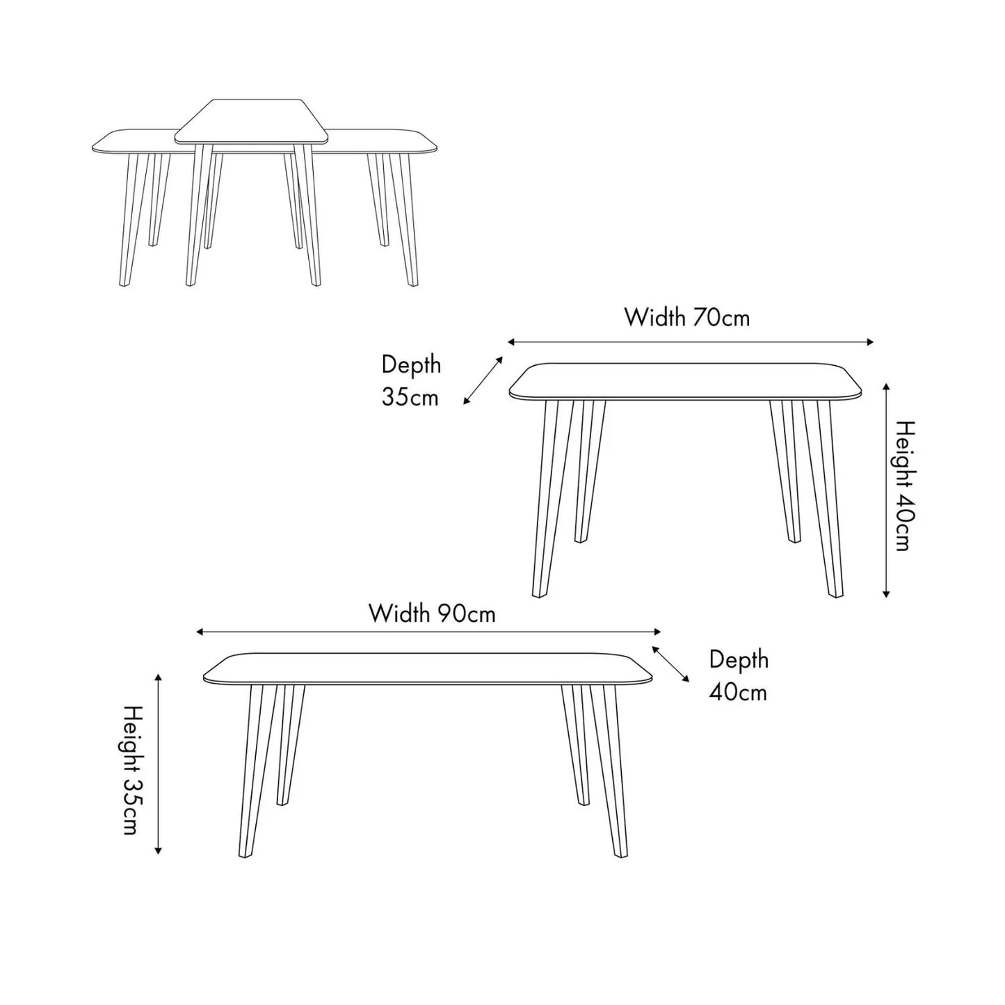 Set of 2 Scandinavian coffee tables with retro curved design in dark ash wood & veneer – nesting occasional tables dimensions H35xW90xD40cm | Click Style