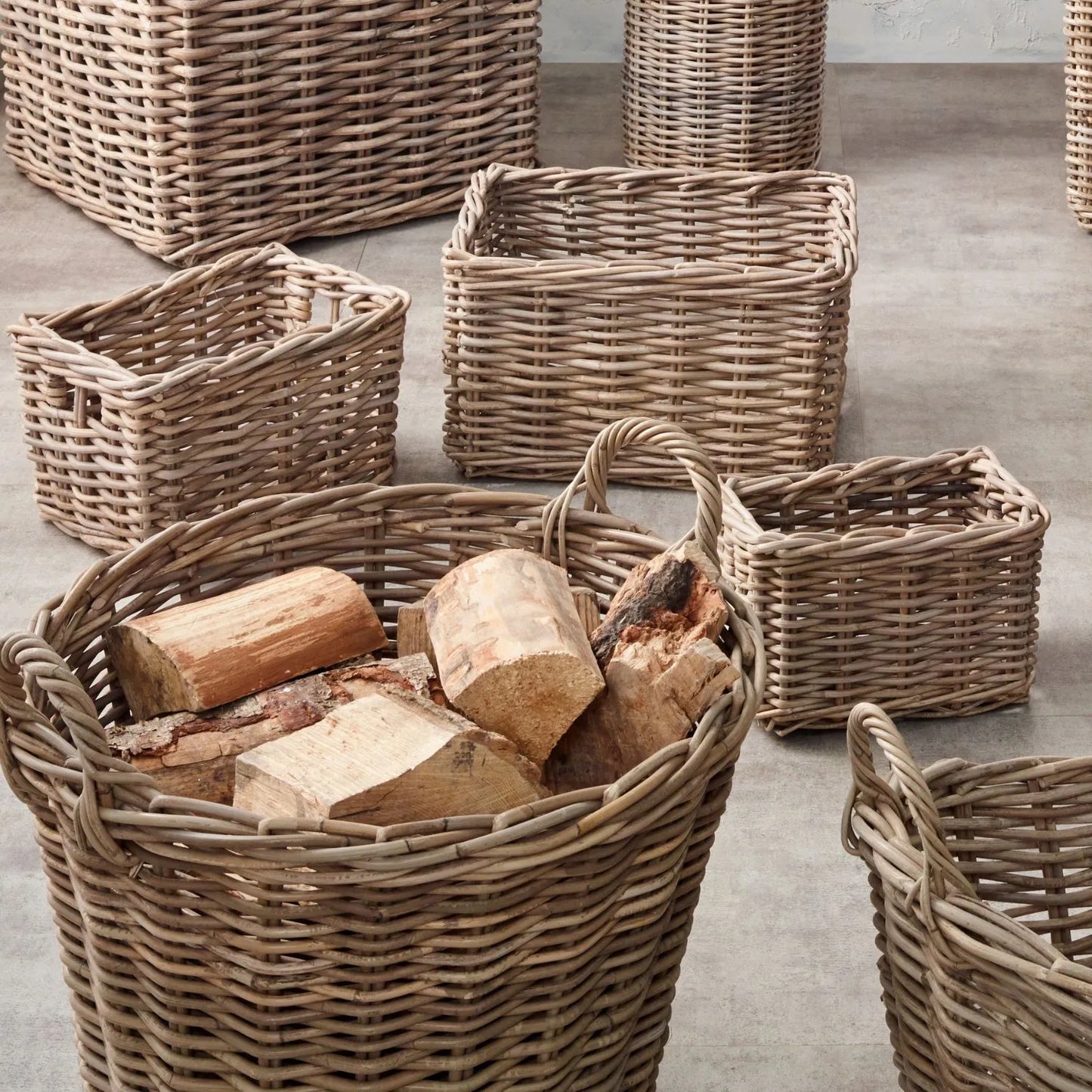 Set of 3 Grey Rattan Kubu Rectangular Baskets – Decorative Storage for Home Organisation - Click Style