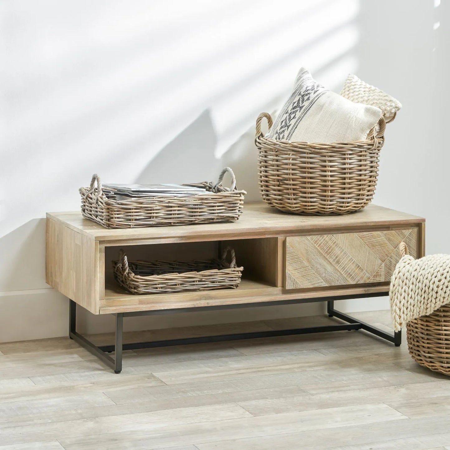 Set of Two Grey Kubu Rectangular Basket Trays with Handles – Decorative Storage for Home Organisation 11x50.5cm - Click Style