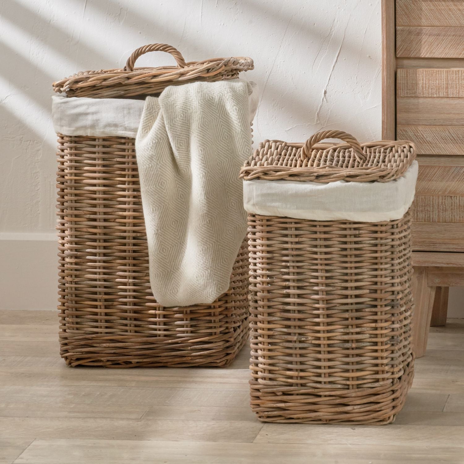 Set of 2 Grey Kubu Square Laundry Baskets with Lids Handles & Linen Li ...