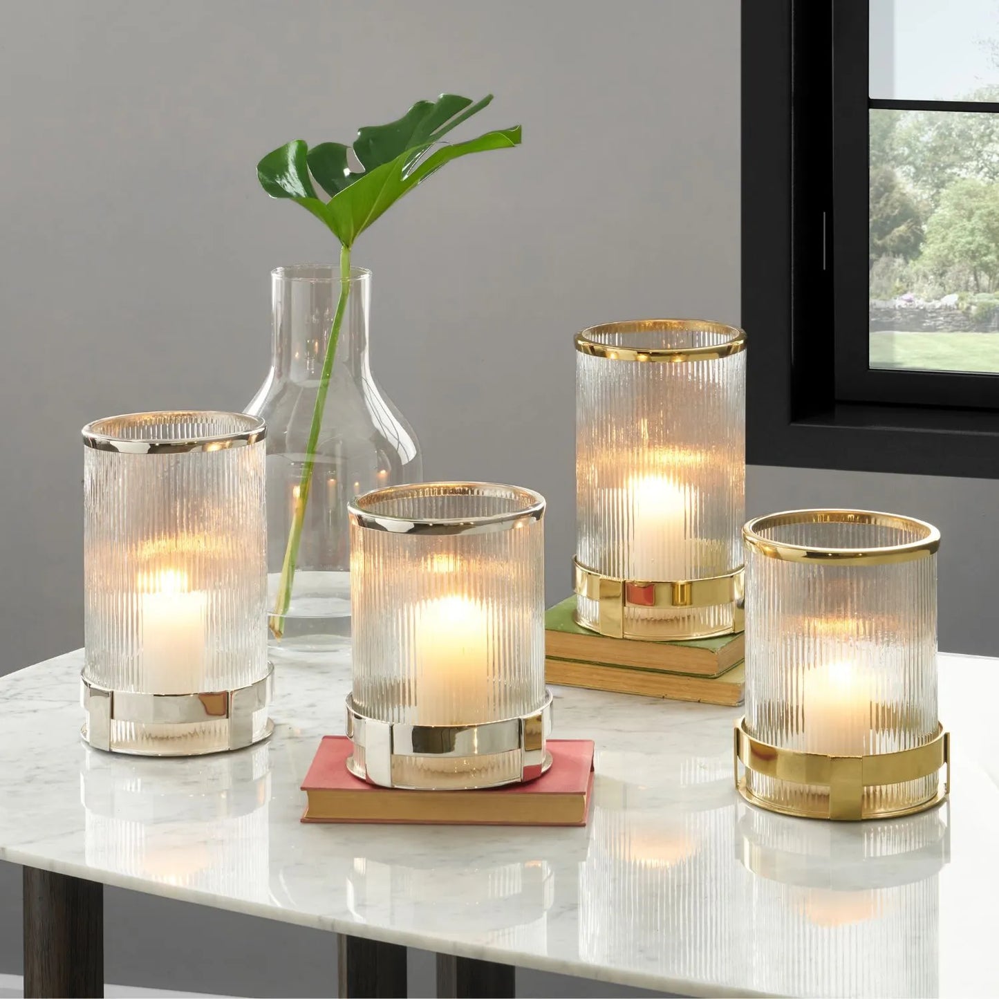 Silver Hurricane Candle Holder with Ribbed Glass & Polished Stainless Steel Base & Rim – Decorative Lantern 26x17x17cm