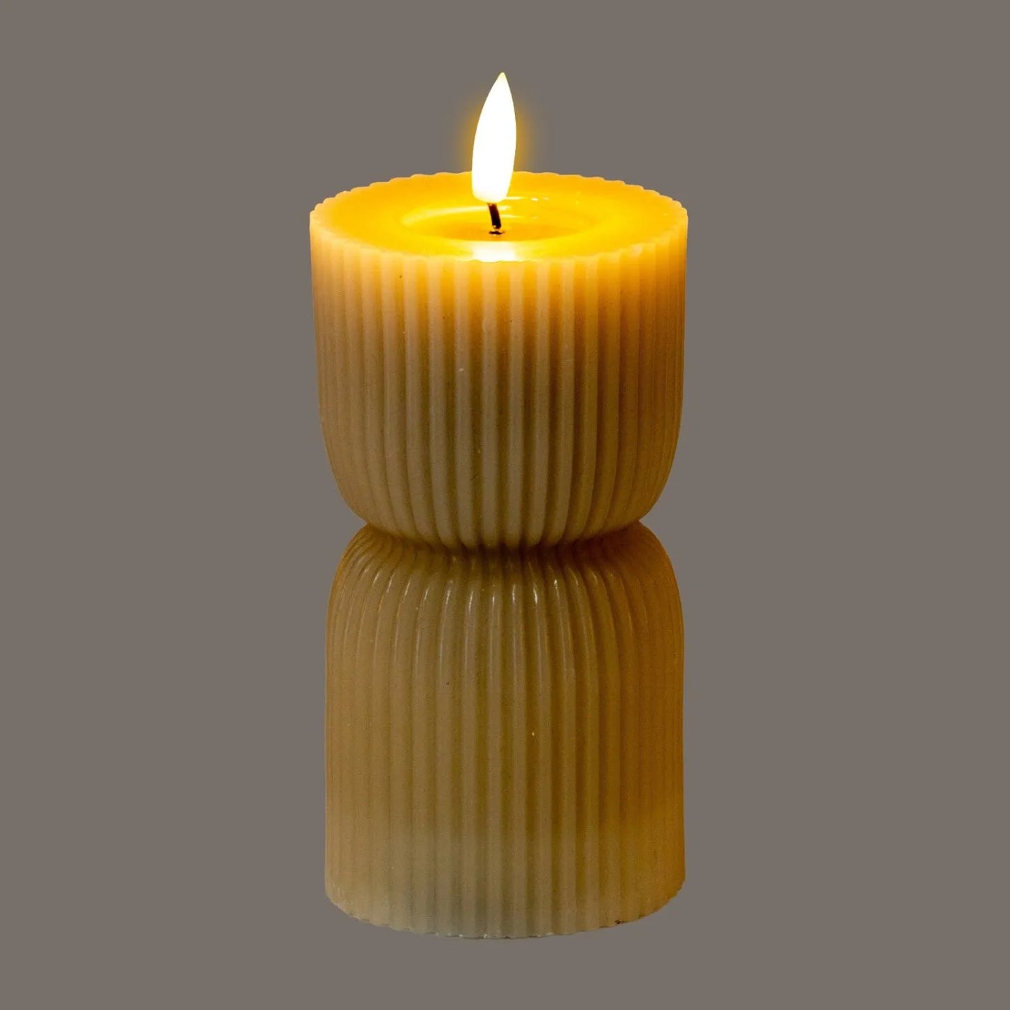 Small Neutral Stone-Beige Sculpted Ribbed Wax LED Flameless Pillar Candle with Flickering Flame – Battery Operated Decorative Light 14x7x7cm | Click Style