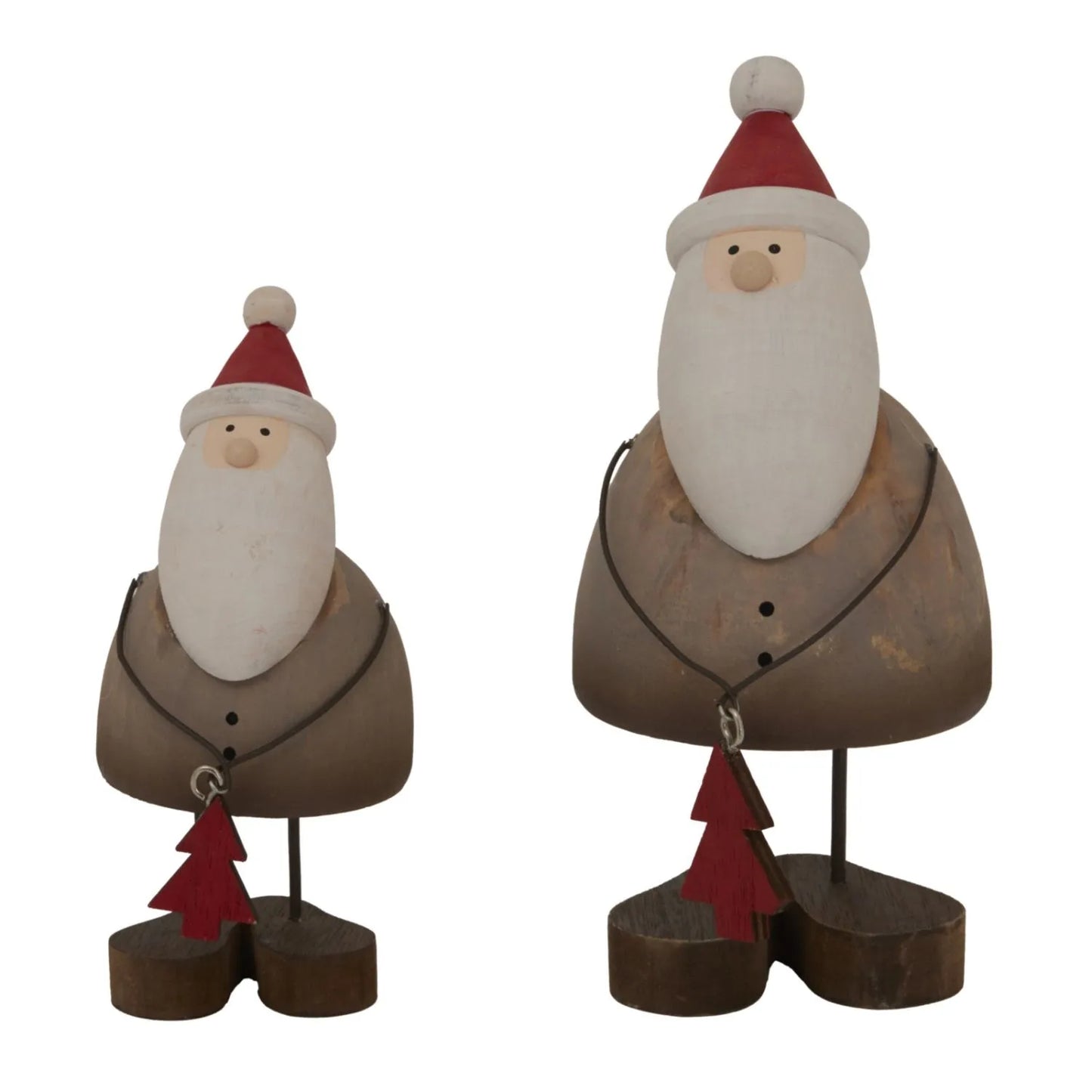 Small Rustic Standing Wooden & Metal Father Christmas Ornament with Red Hat & Tree Gift – Weathered Nordic Christmas Decoration 14x6x6cm | Click Style