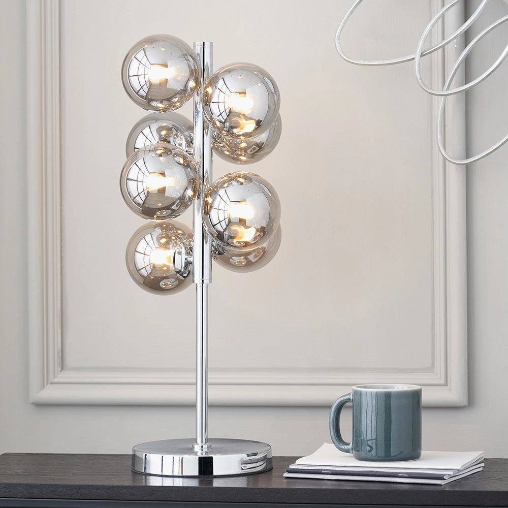 Smoked Glass Orb Chrome Table Lamp – Modern Silver Tabletop Lamp