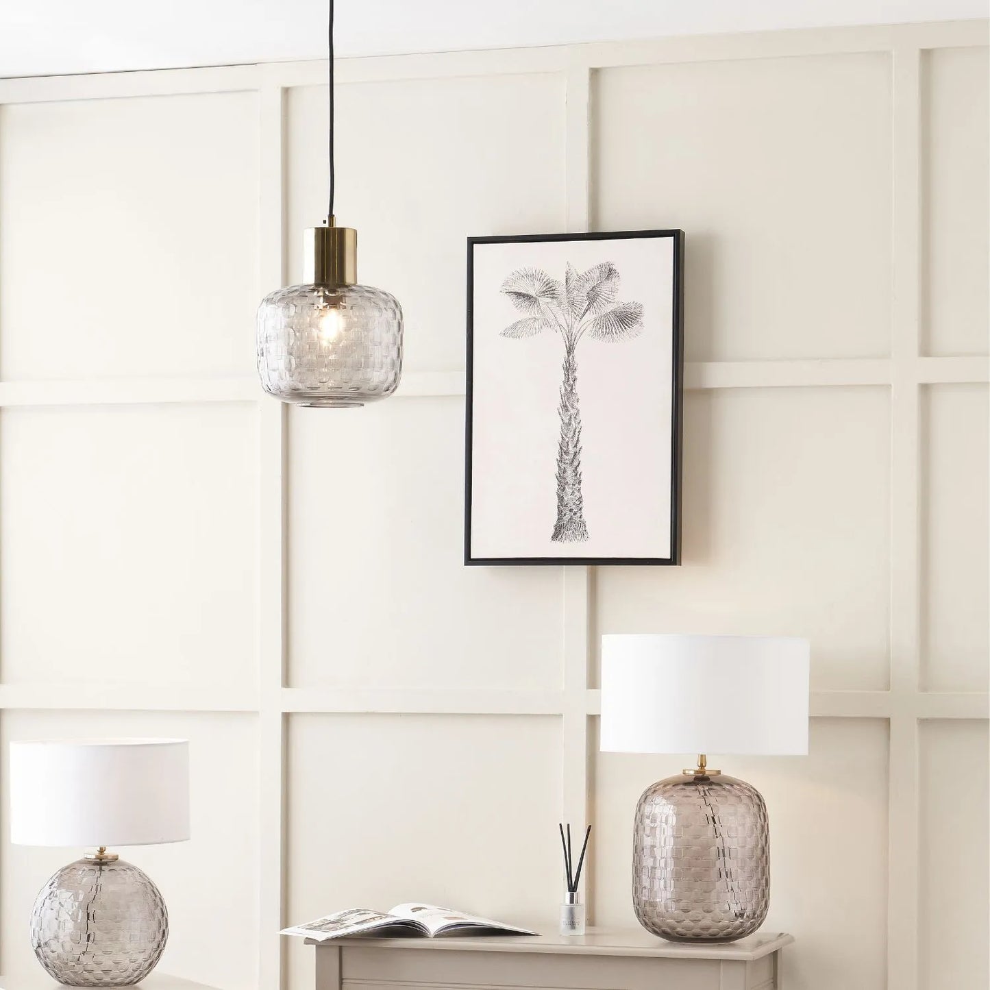 Smoked Grey Hand-Cut Glass Adjustable Pendant Ceiling Light with Antique Brass Fitting – Textured Circular Pattern Design 178x20x20cm