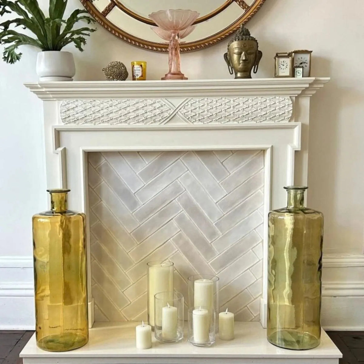 Tall Amber Yellow Recycled Glass Bottle Vase with Narrow Neck – Large Decorative Floor Standing Vase 75x25x25cm – Real Customer Photo of Pair Displayed Beside Fireplace | Click Style