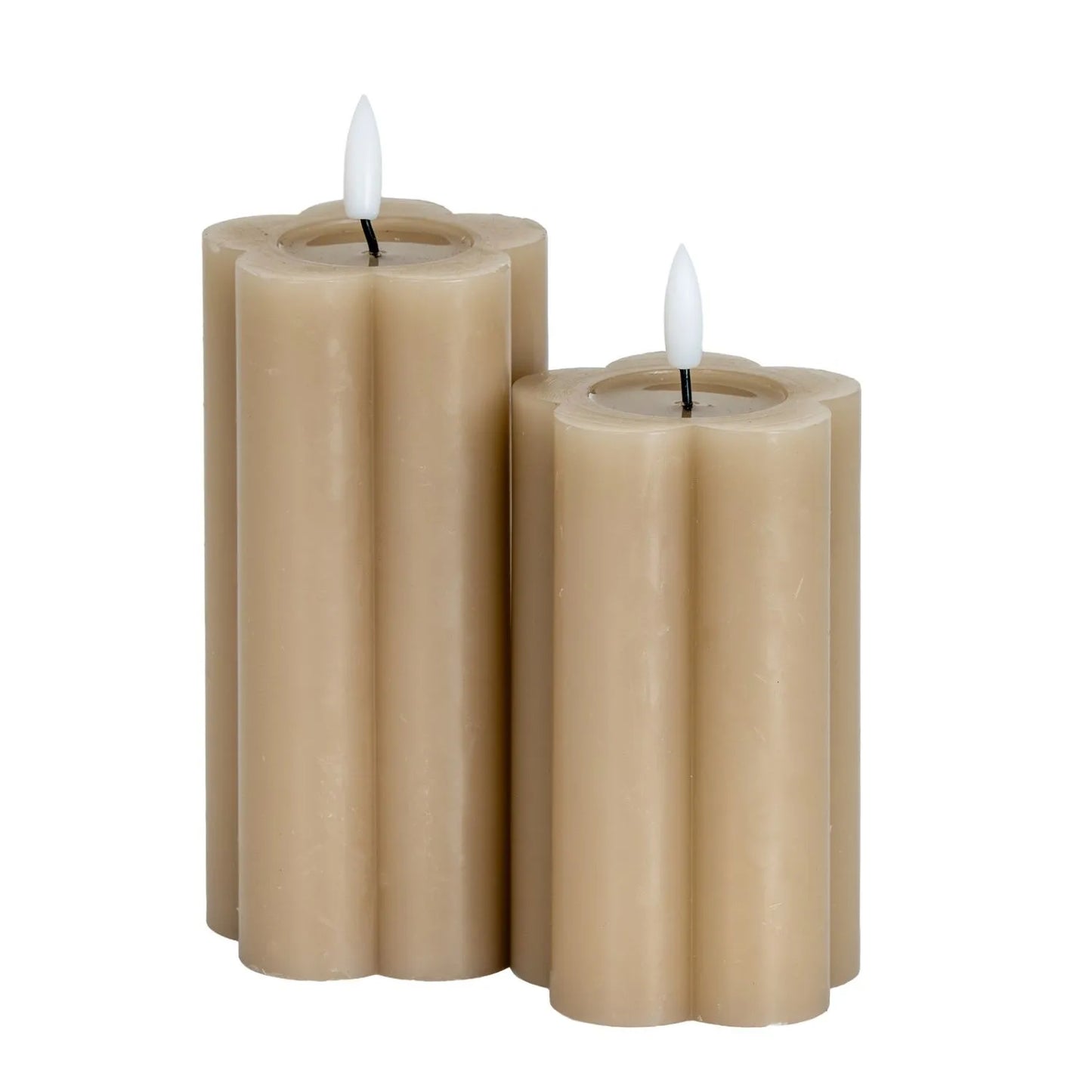 Tall Beige Taupe Scalloped Real Wax LED Flameless Pillar Candle with Realistic Flickering Flame – Battery Operated Decorative Light 15x7x7cm | Click Style