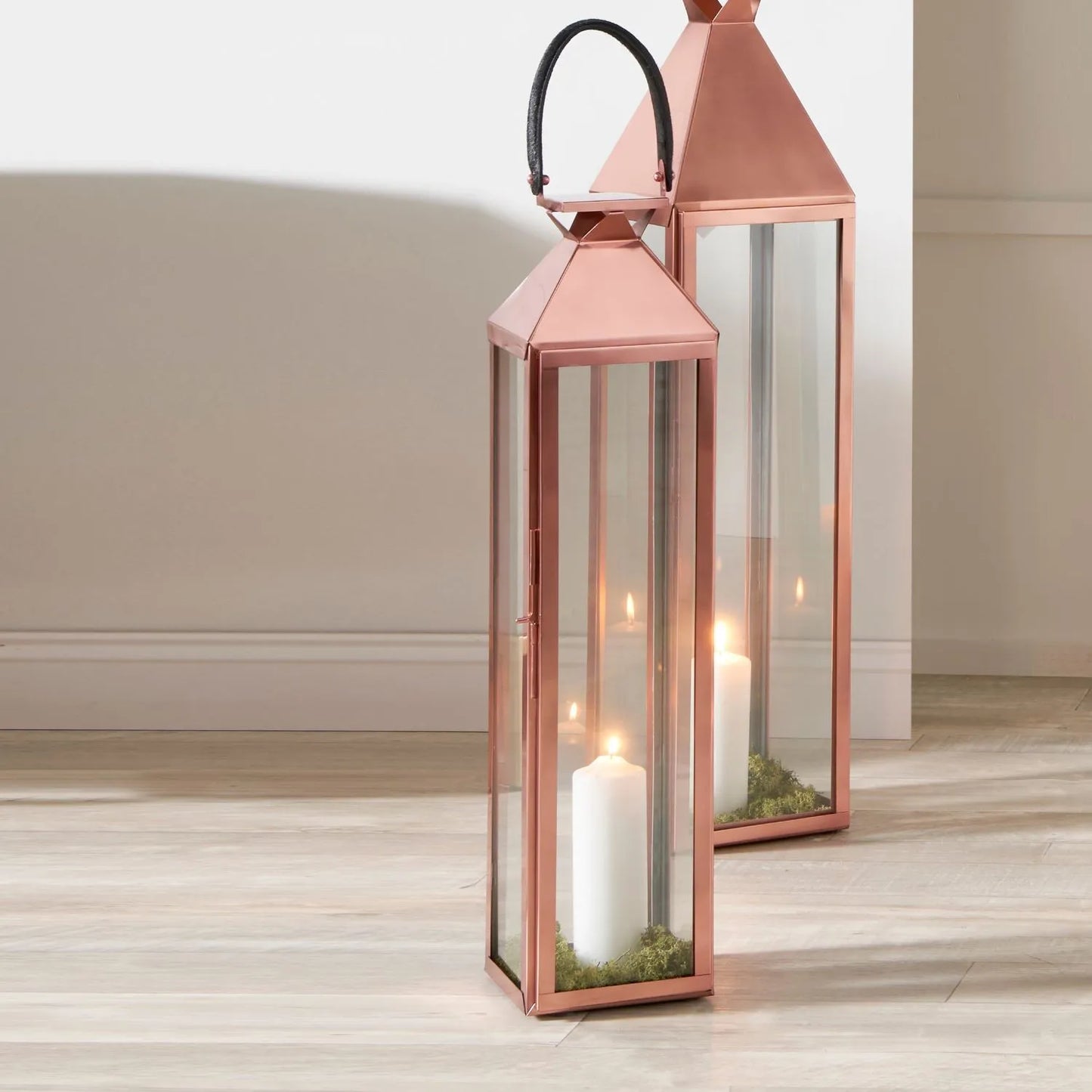 Tall Floor-Standing Copper Lantern with Glass Panels & Leather Handle – Decorative Stainless Steel Candle Holder 81x19cm - Click Style