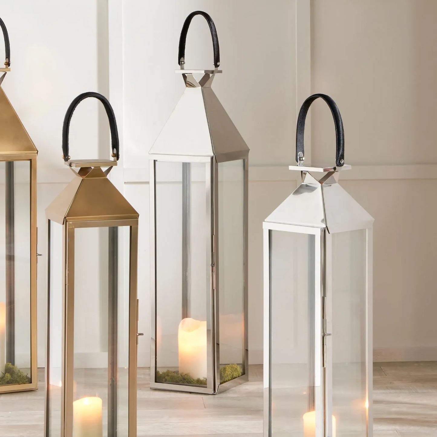 Tall Floor-Standing Silver Lantern with Glass Panels & Leather Handle – Large Stainless Steel Candle Holder 99x24cm - Click Style