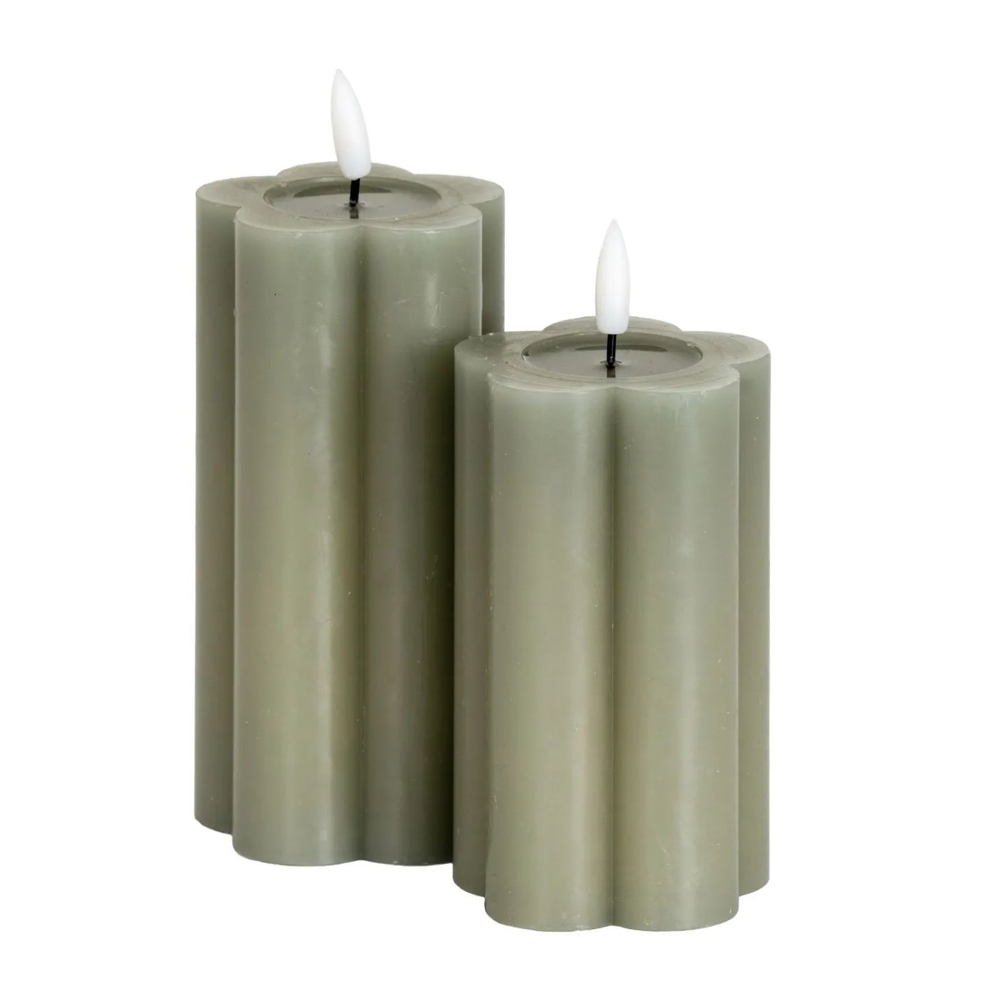 Tall Grey-Sage Scalloped Real Wax LED Flameless Pillar Candle with Realistic Flickering Flame – Battery Operated Decorative Light 15x7x7cm | Click Style