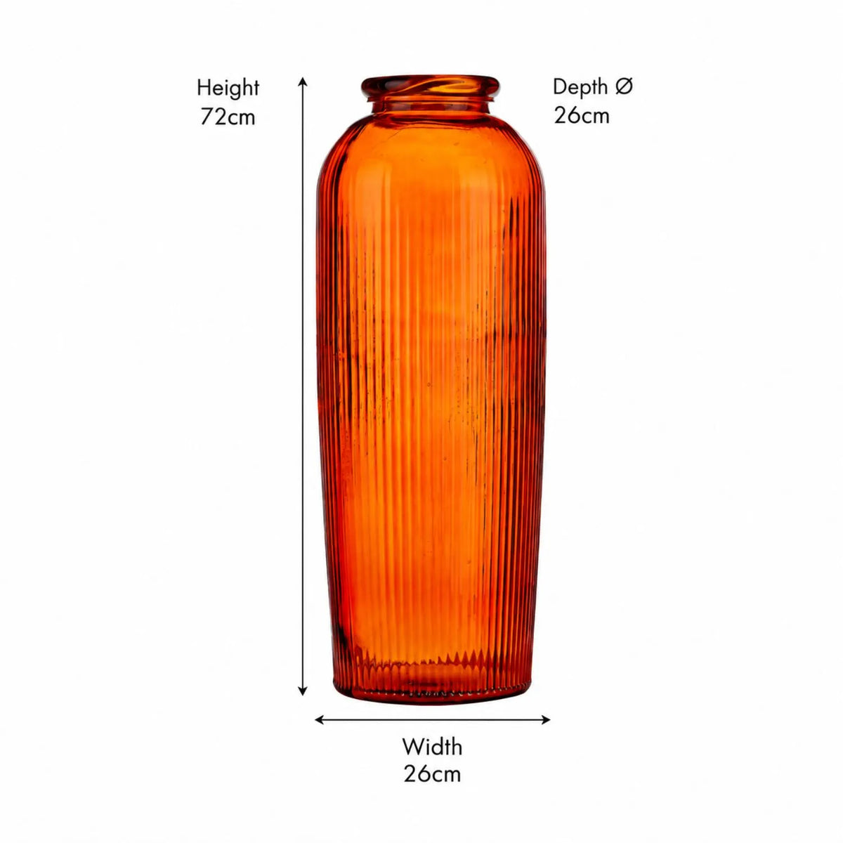 Tall Rich Orange Recycled Glass Ribbed Vase with Rolled Rim – Large Floor Standing Vase 72x26x26cm – Dimensions Showing 72cm Height 26cm Width & 26cm Depth | Click Style