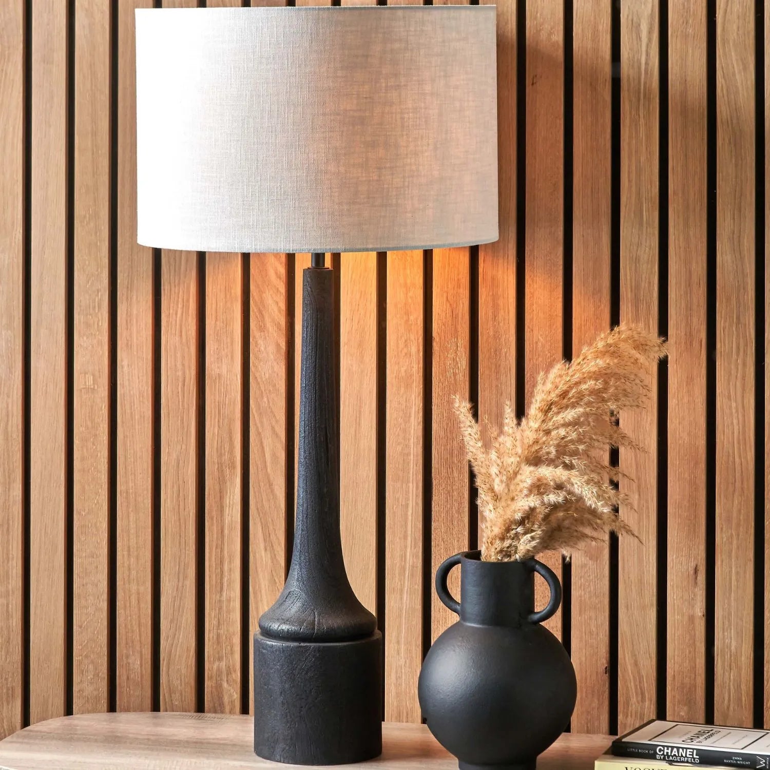 Tall Rustic Black Mango Wood Table Lamp with White Linen Drum