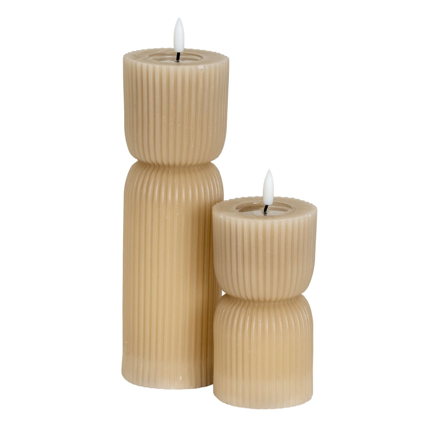 Tall Neutral Stone-Beige Sculpted Ribbed Wax LED Flameless Pillar Candle With Flickering Flame – Battery Operated Decorative Light 24x7x7cm | Click Style
