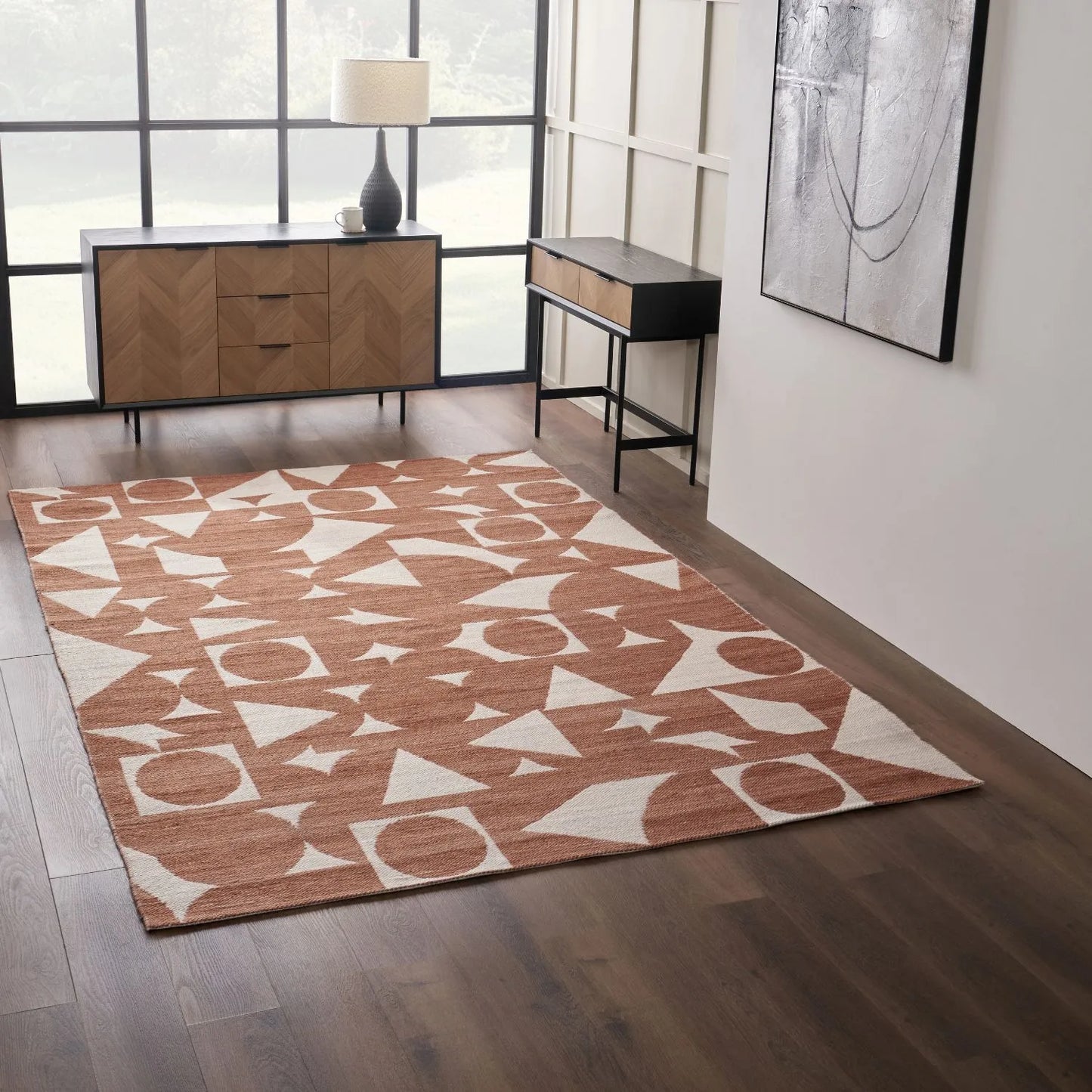 Terracotta & Ivory Rectangular Indoor Outdoor Garden Rug with Geometric Design – Recycled Weather-Resistant & Durable 230x160cm - Click Style