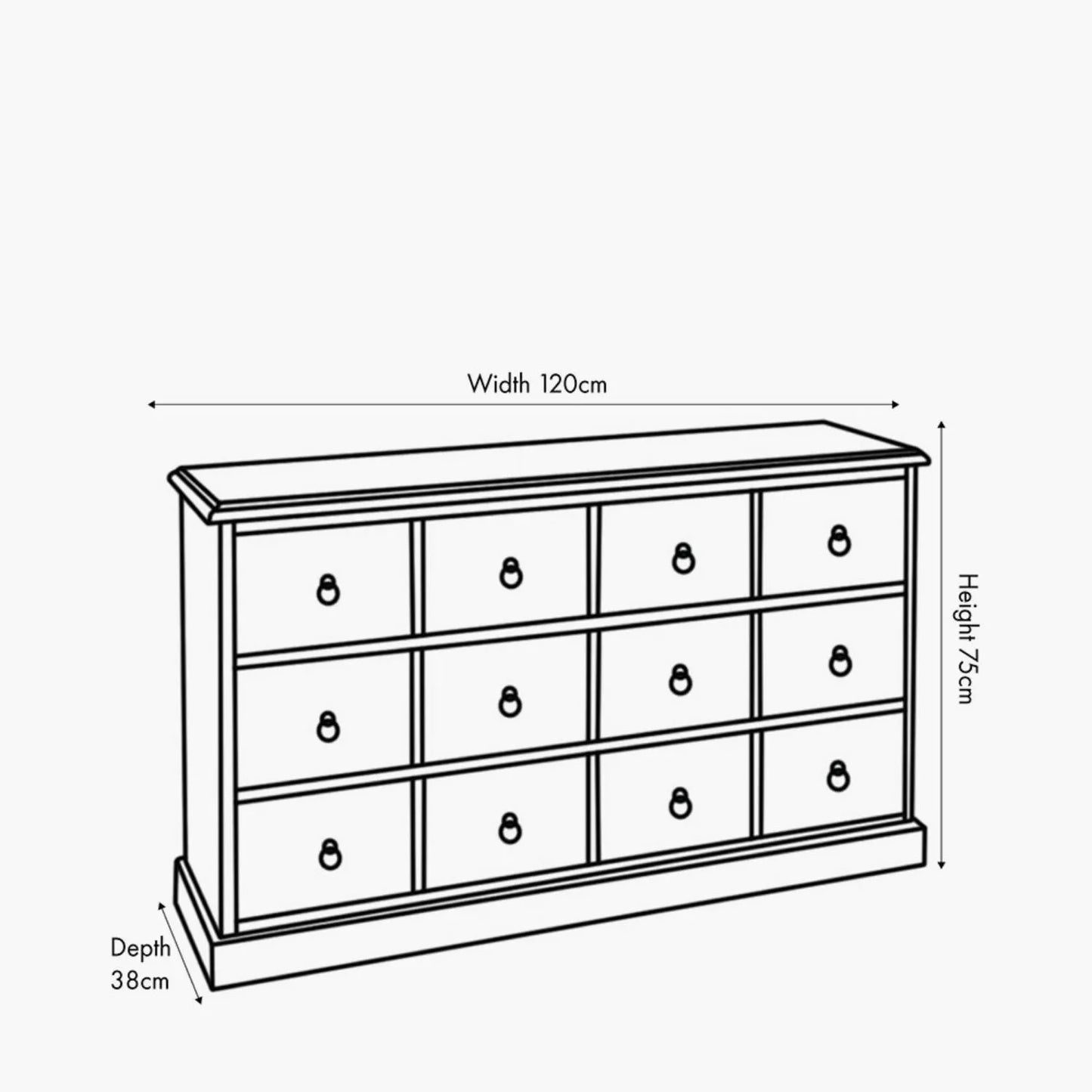 Turquoise blue and neutral distressed pine wood 12 drawer storage chest facing right with product dimensions 75x120x35cm | Click Style