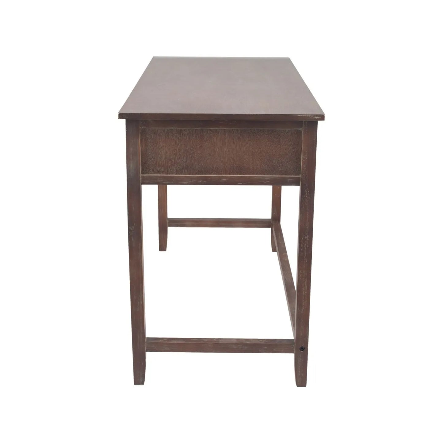 Turquoise blue and neutral distressed pine wood 3 drawer desk left-facing side view | Click Style