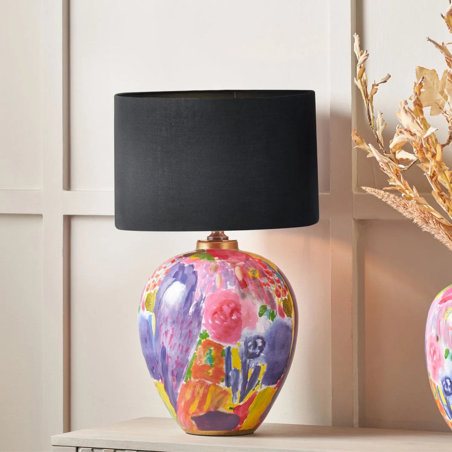 Vibrant Matisse-Style Multi-Colour Ceramic Urn Vase with Abstract Painterly Floral Brushstroke Design & Gold Rim and Base – Decorative Statement Home Décor Vase 29x26x26cm | Click Style