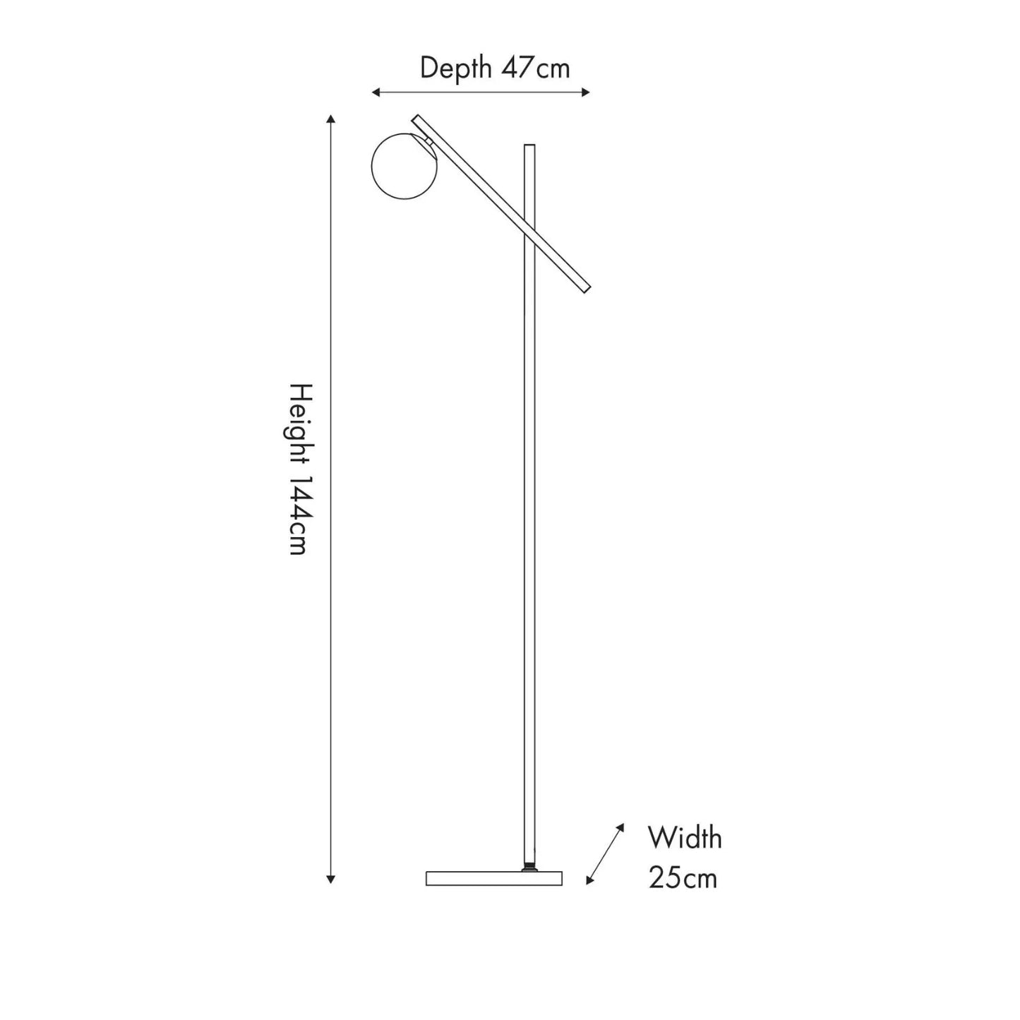 White Glass Orb Shade with Black & Gold Metal Floor Lamp Dimensions – Modern Floor-standing Light for Home Decor 144x47x25cm - Click Style