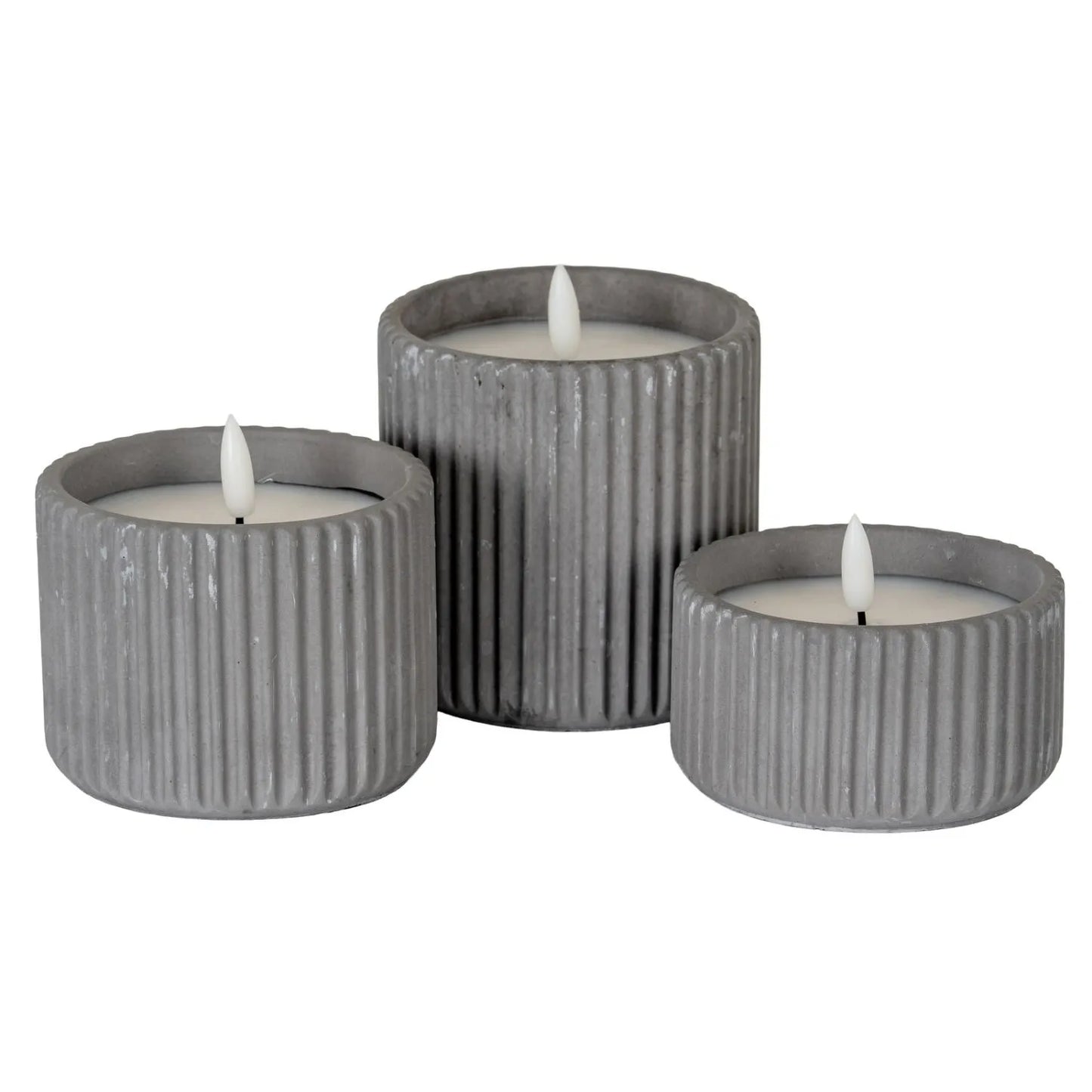 White Real Wax LED Candle In Dark Grey Ribbed Concrete Pot With Realistic Flickering Flame – Battery Operated Flameless Decorative Light 9x9x9cm | Click Style