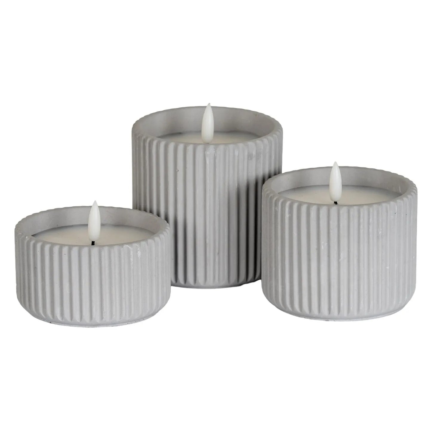 White Real Wax LED Candle In Light Grey Ribbed Concrete Pot With Realistic Flickering Flame – Battery Operated Flameless Decorative Light 5x5x5cm | Click Style