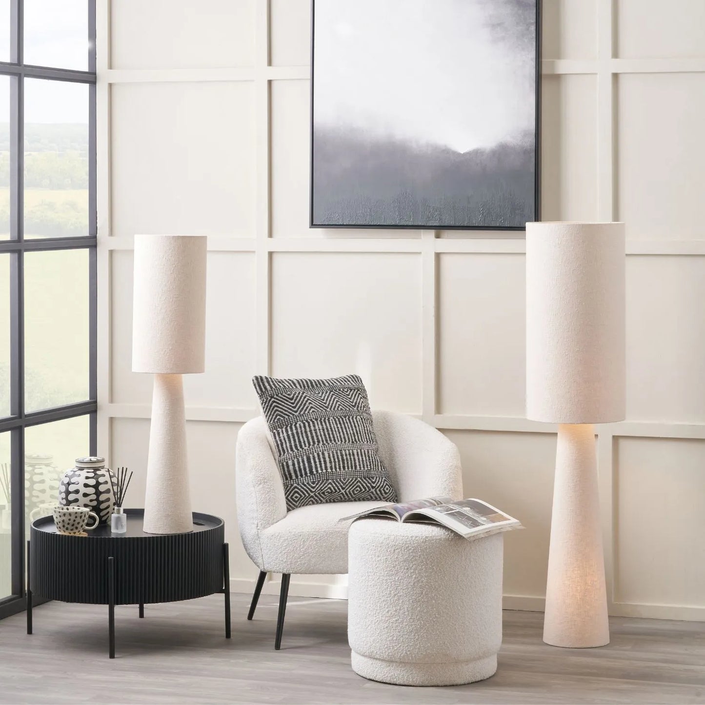 White Slubby Handloom Fabric Table Lamp with Tapered Column Base & Textured Tall Drum Shade 92x22x22cm | Click Style