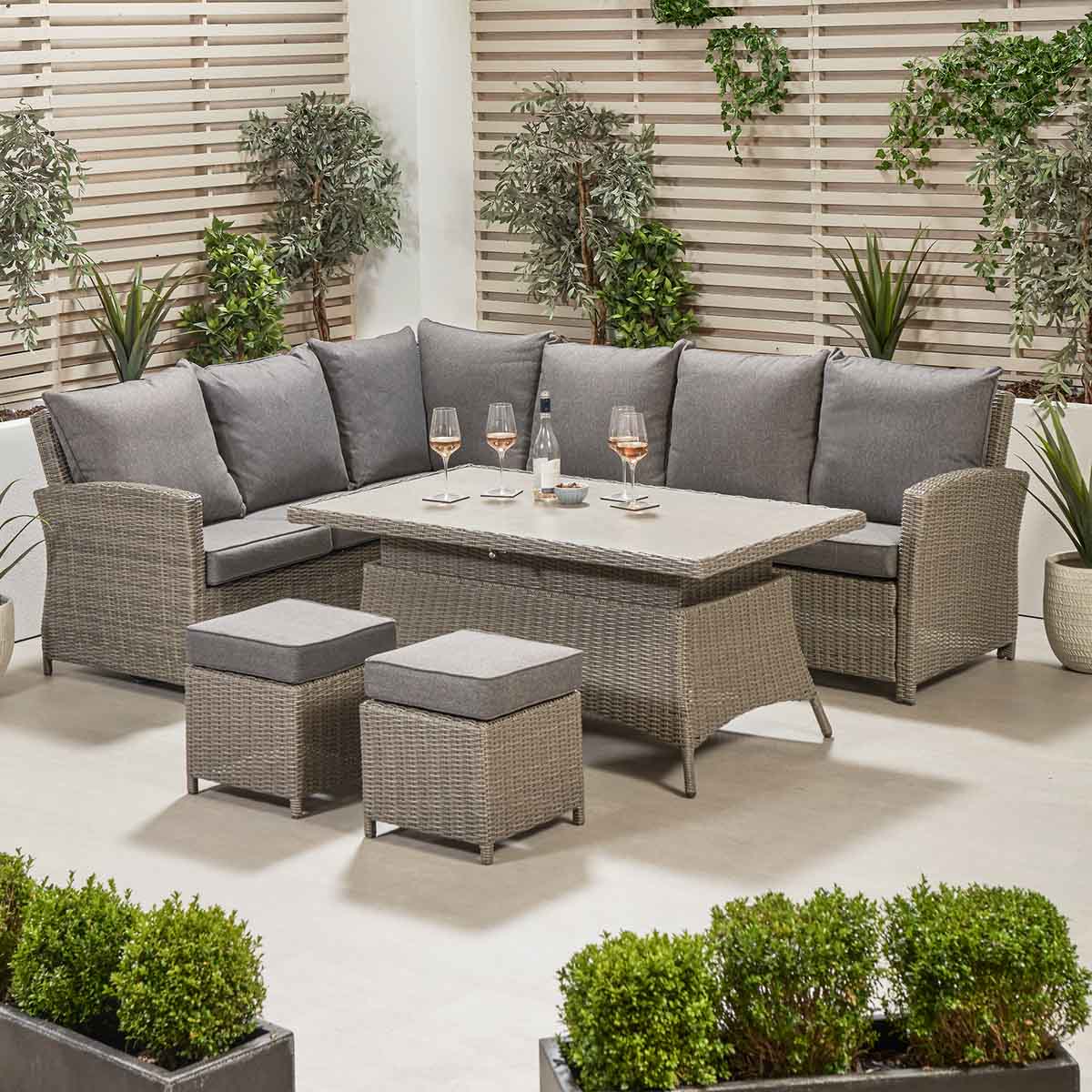 Borneo Grey Rattan Effect Long Right Garden Corner Sofa Set with Adjustable Ceramic Top Table Click